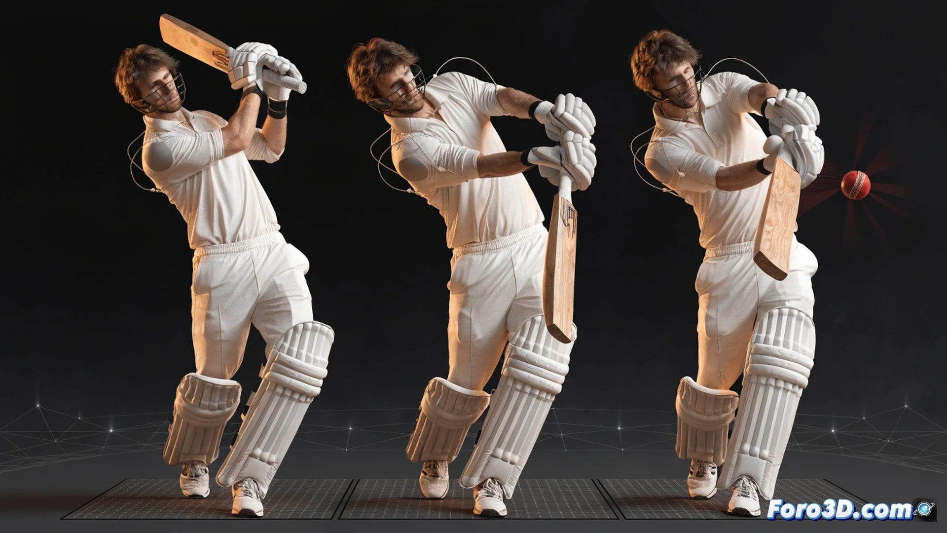 cricket batsman Zak Crawley mid-swing during a high-speed delivery, backlift showing exaggerated bat arc, front foot plant with subtle weight shift imbalance, 3D motion capture skeleton overlaid on muscular frame, joint angles highlighted in neon red for biomechanical analysis, side-on camera angle, photorealistic technical illustration, dark studio lighting, sweat droplets frozen in air, bat edge glinting under harsh spotlight, cricket pitch crease lines visible, ultra-detailed muscle tension in forearms, cinematic slow-motion aesthetic, realistic skin texture, dramatic shadows emphasizing height and reach