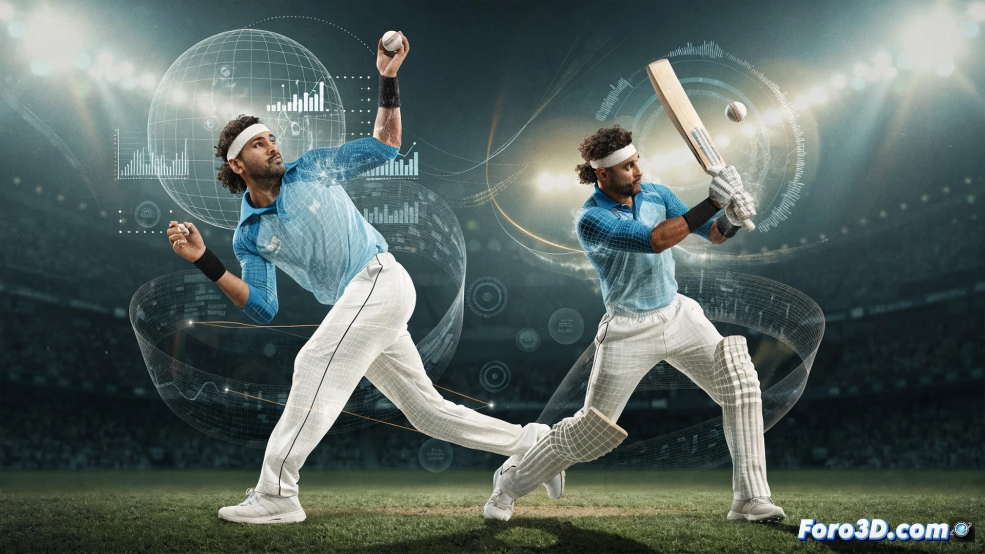 Ravindra Jadeja spinning a cricket ball with left-arm wrist action, ball rotation visible with seam position and finger pressure points, trajectory lines showing drift and dip, digital tracking markers on shoulder and elbow angles, biomechanical motion capture dots on his bowling arm, green cricket field background, technical engineering visualization style, dynamic pose during delivery stride, photorealistic render with sweat droplets and muscle tension, glowing kinematic lines tracing arm rotation and body momentum