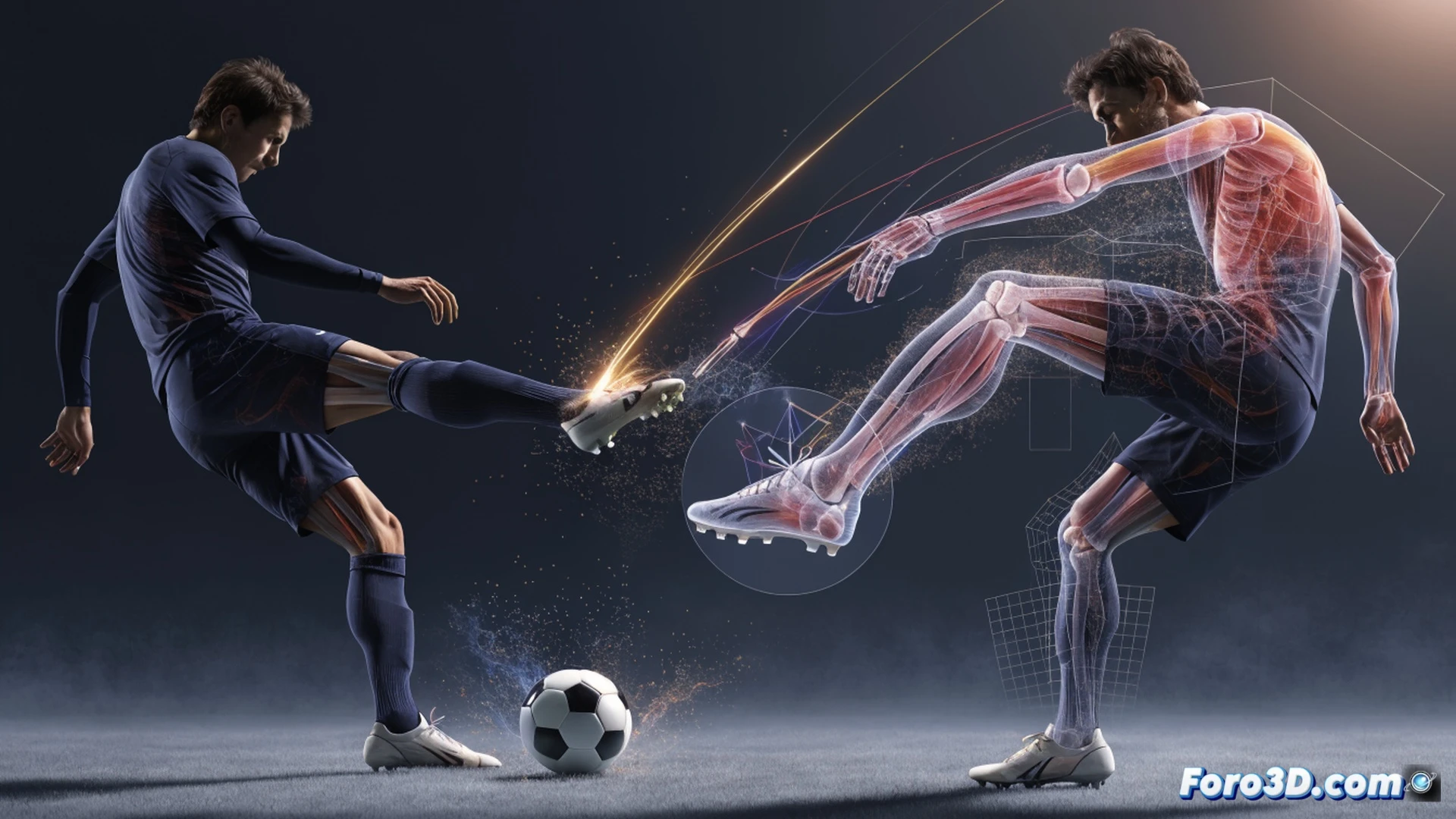 close-up 3D biomechanical analysis of Roberto Carlos left foot striking a football, high-speed impact deformation visible on ball surface, motion capture markers on leg showing muscle activation and joint angles, trajectory lines curving dramatically with spin vectors, engineering visualization style, dark studio background, grid floor overlay, neon blue and orange wireframe skeleton, photorealistic render, cinematic lighting highlighting sweat droplets and grass particles, ultra-detailed skin texture and boot studs, slow-motion freeze-frame action