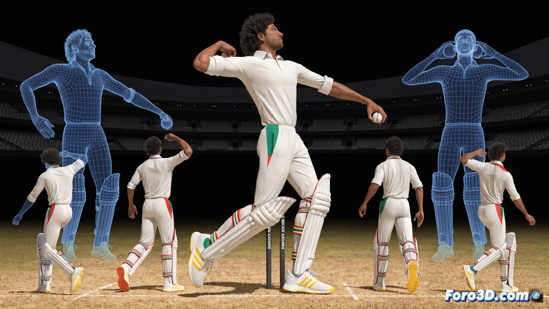 three-dimensional biomechanical analysis visualization of Abdullah Shafique performing a front-foot drive, cricket bat in backlift position showing wrist angle and shoulder alignment, back foot planted with weight transferring forward, front foot stepping towards pitch, red cricket ball approaching from bowler end, motion lines tracing foot movement and bat arc, split-screen showing foot pressure map and joint angle measurements, technical illustration style with wireframe skeletal overlay, photorealistic skin texture, studio lighting with dramatic shadows, green pitch surface, white boundary markers visible, ultra-detailed cricket gear, cinematic sports science render