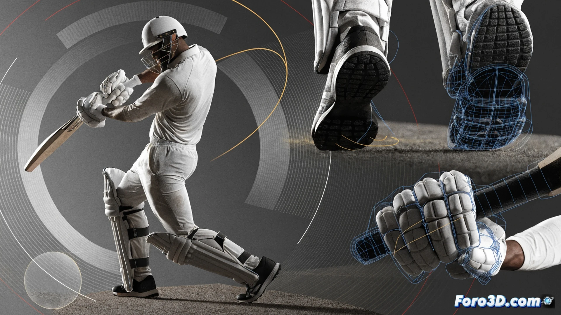 Cricket batter Dhananjaya de Silva executing a cover drive in 3D motion capture studio, full-body skeleton wireframe overlay showing weight transfer from back foot to front foot, bat swing arc traced with glowing blue trajectory lines, wrist rotation mechanics highlighted with red angular markers, high-speed cameras and motion sensors arranged around the pitch, virtual biomechanical analysis interface floating in background, cinematic engineering visualization, photorealistic skin texture and cricket gear, dramatic stadium lighting, ultra-detailed muscle strain and joint articulation, technical illustration style