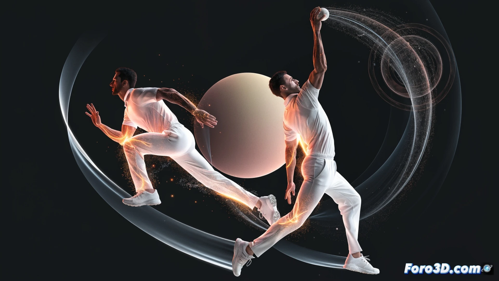 professional technical illustration of a cricket bowler mid-delivery, freeze-frame showing three-dimensional biomechanical analysis, transparent skeletal overlay highlighting shoulder rotation and arm angle at ball release, motion trajectory lines tracing the explosive leap and follow-through, high-speed camera perspective with motion blur on the fast bowler's action, engineering visualization style, dark studio background with dramatic rim lighting, detailed muscle tension and joint articulation visible, wireframe grid lines mapping kinetic energy transfer from legs to fingertips, photorealistic anatomical render