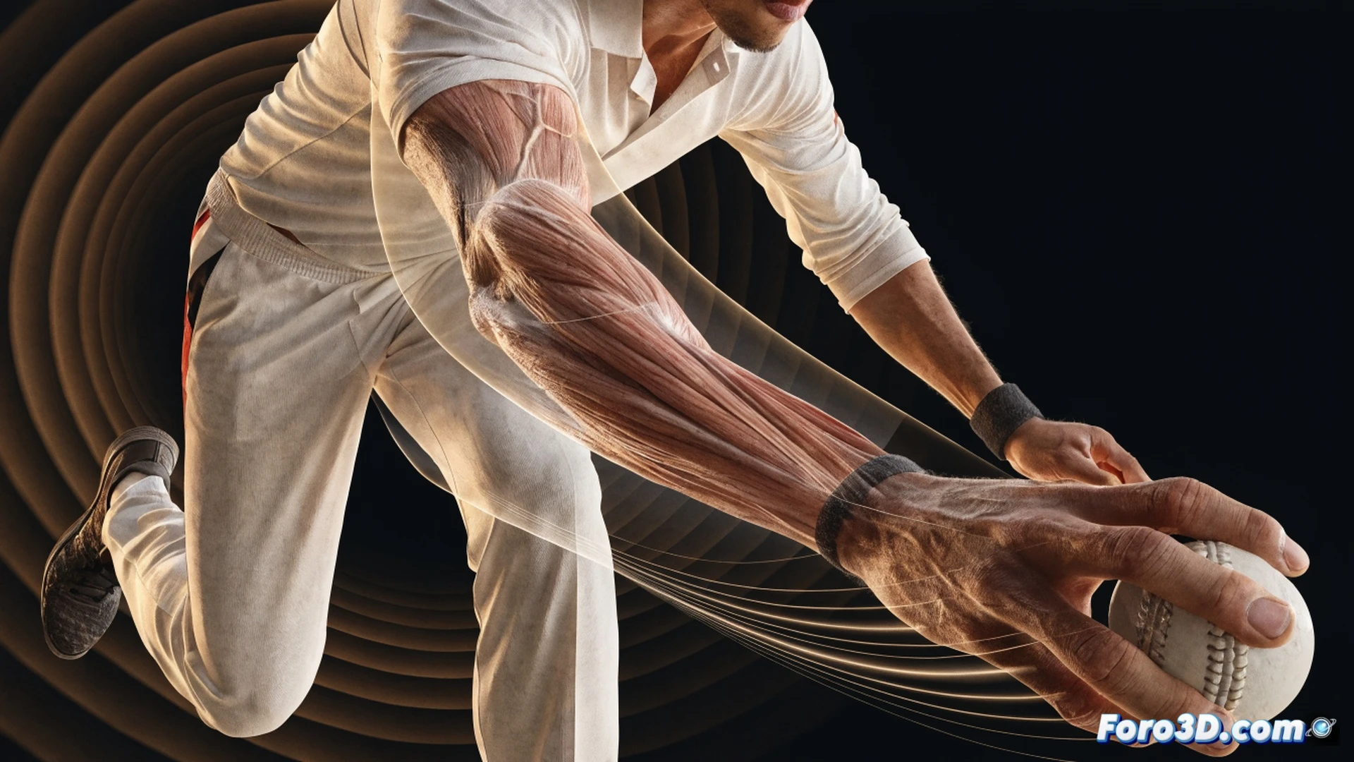 Matheesha Pathirana cricket biomechanics 3D analysis, sling-arm bowling action during yorker delivery, extreme shoulder rotation and wrist snap creating whip effect, no large leap forward while generating high speed, skeletal overlay showing joint angles and torque lines, glowing motion trajectory from release to pitch, photorealistic technical illustration, dark studio background with dramatic side lighting, detailed muscle and tendon visualization, ultra-sharp focus on arm and wrist mechanics, cinematic engineering render