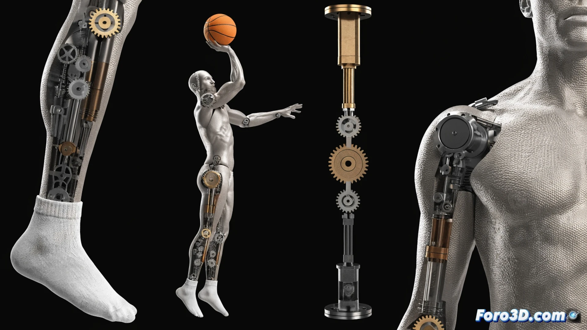 basketball player mid-air jump shot motion capture, biomechanical analysis overlay showing joint angles and force vectors from feet to wrist, digital skeleton wireframe tracing the kinetic chain during loading and release phases, 3D engineering visualization with translucent muscle and bone layers, high-speed camera rigs surrounding the athlete, motion tracking markers on shoes and fingers, glowing trajectory path from ball release to hoop, dark studio background with grid floor, cinematic technical illustration style, ultra-detailed anatomical rendering