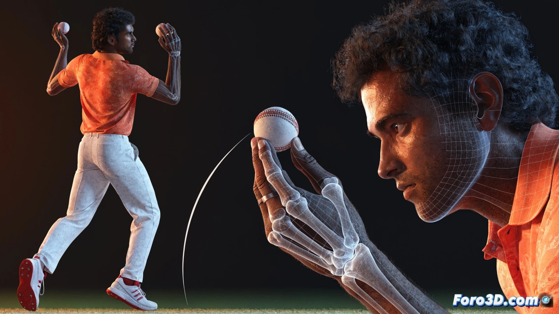 professional cricket biomechanics analysis scene, a 3D wireframe skeleton of Varun Chakravarthy mid-delivery, right wrist hyperflexed at an extreme angle releasing a carrom ball, fingers snapping the seam with visible spin axis lines, motion capture markers on shoulder and elbow joints tracking rotational torque, glowing blue kinematic arrows showing wrist-to-shoulder kinetic chain, translucent cricket pitch with green grass texture, stadium floodlights casting dramatic shadows, photorealistic engineering visualization, high-speed motion blur on spinning ball, technical grid overlay on background, ultra-detailed muscle fiber tension lines in forearm