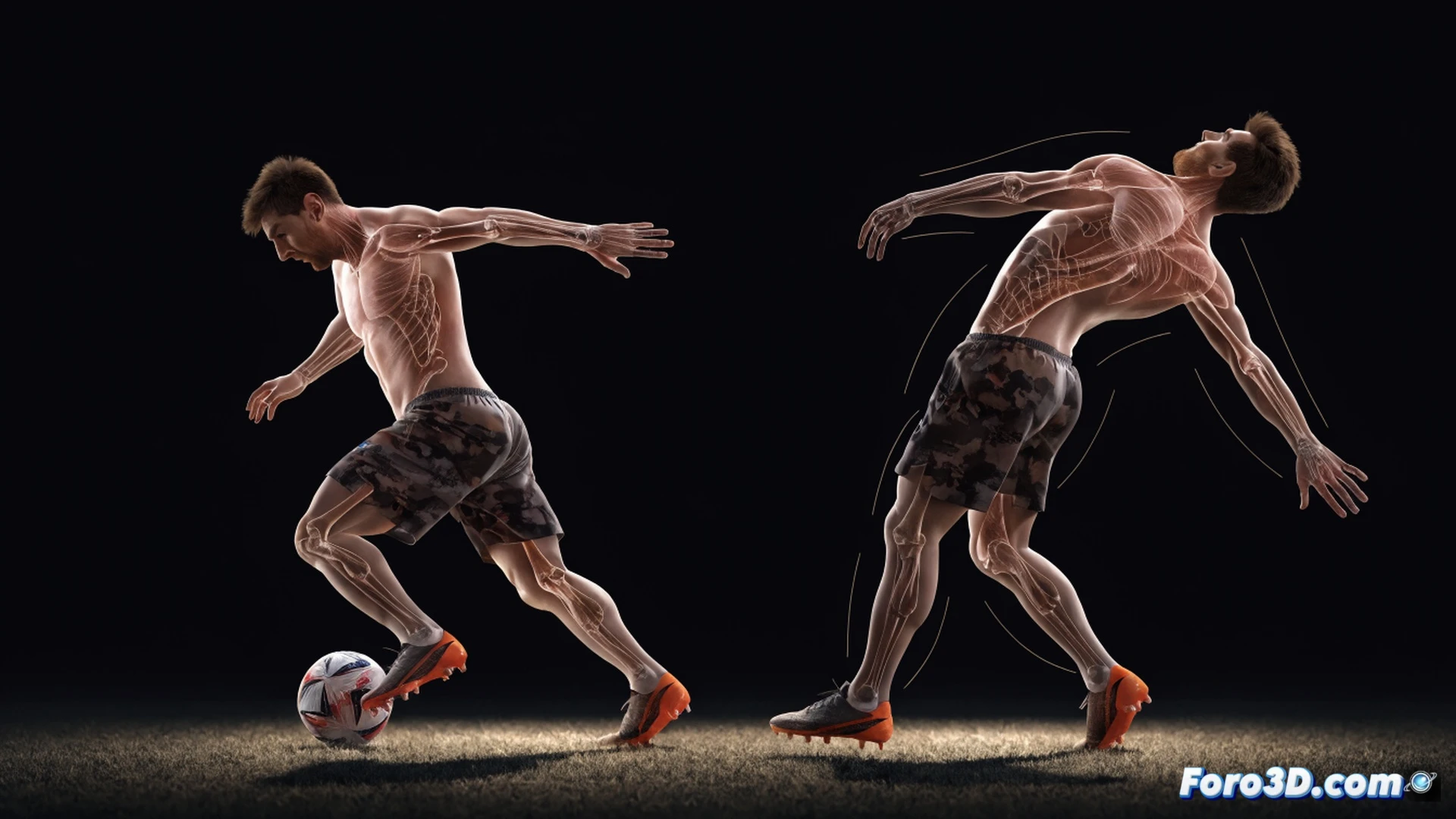 biomechanical 3D analysis of Lionel Messi dribbling in tight space, low center of gravity visualized with glowing pivot point near hips, short rapid strides creating angular momentum, red trajectory lines showing abrupt direction change while blue velocity vectors remain constant, soccer ball at foot with spin trails, wireframe skeleton overlay showing leg muscle activation, dark stadium background with green pitch, cinematic engineering visualization, photorealistic human model with translucent technical layers, dramatic side lighting highlighting balance shift, ultra-detailed muscle fiber and joint articulation, technical illustration style