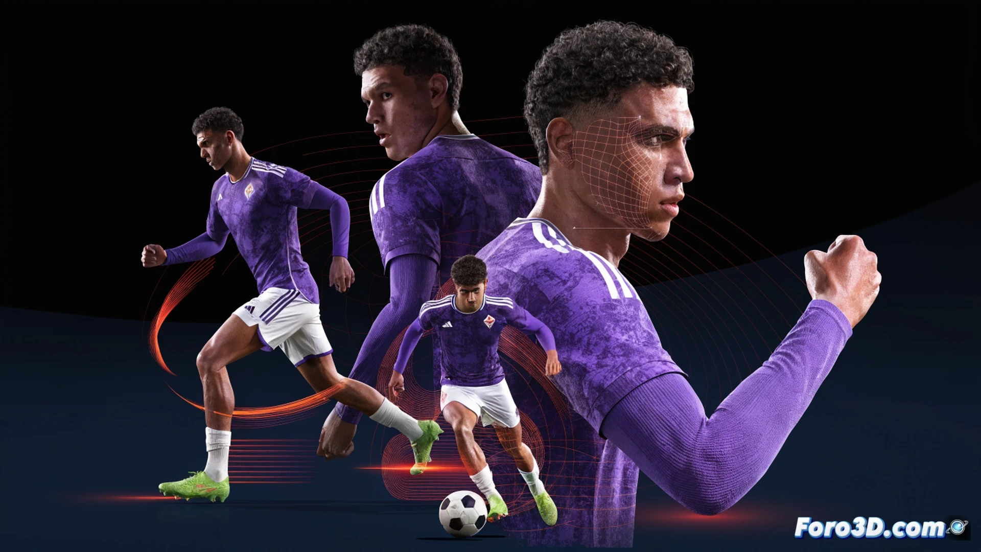 3D tactical analysis of Nico González dribbling past defender on Fiorentina pitch, left foot cutting inside from right wing, motion lines tracing acceleration vector, heatmap overlay on pitch surface, skeletal tracking showing hip rotation and center of mass shift, wireframe football boot deformation during sharp turn, Serie A stadium background blurred, cinematic technical illustration, photorealistic player model with translucent muscle layers, dynamic blue-orange lighting, ultra-detailed grass deformation, tactical zone grid fading into background