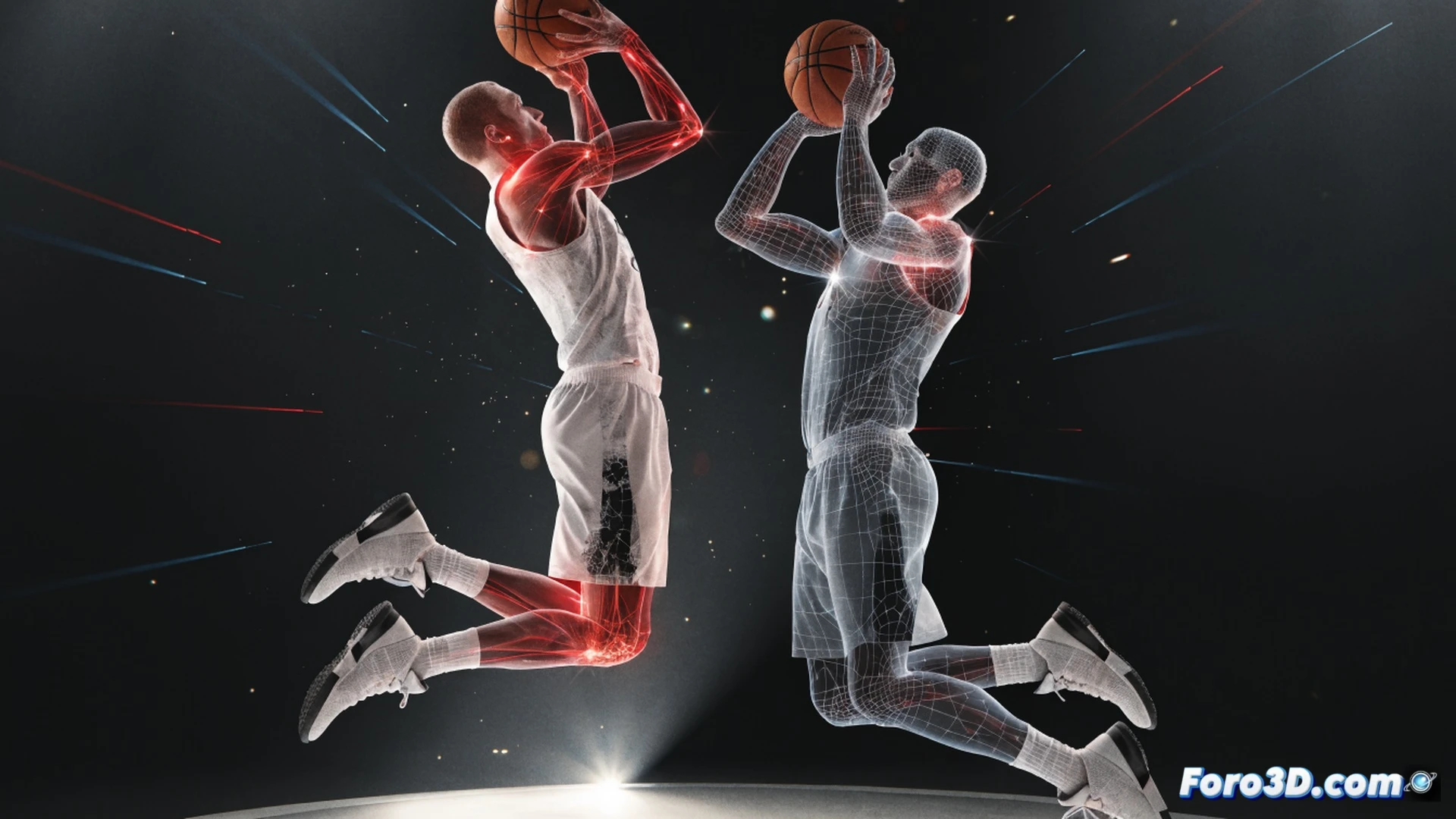 basketball player Zach LaVine mid-air performing explosive vertical jump transition, biomechanical analysis showing muscle activation lines in legs and core, red glowing trajectory path from floor to peak height, 3D wireframe skeleton overlay highlighting ankle knee hip angles during takeoff, jump shot release mechanics with arm extension and wrist flick at apex, rotation of torso marked by angular motion arrows, photorealistic technical illustration style, dark gym background, motion blur on ball trajectory, blue and orange holographic data points around joints, ultra-detailed muscle fiber textures, cinematic sports science visualization