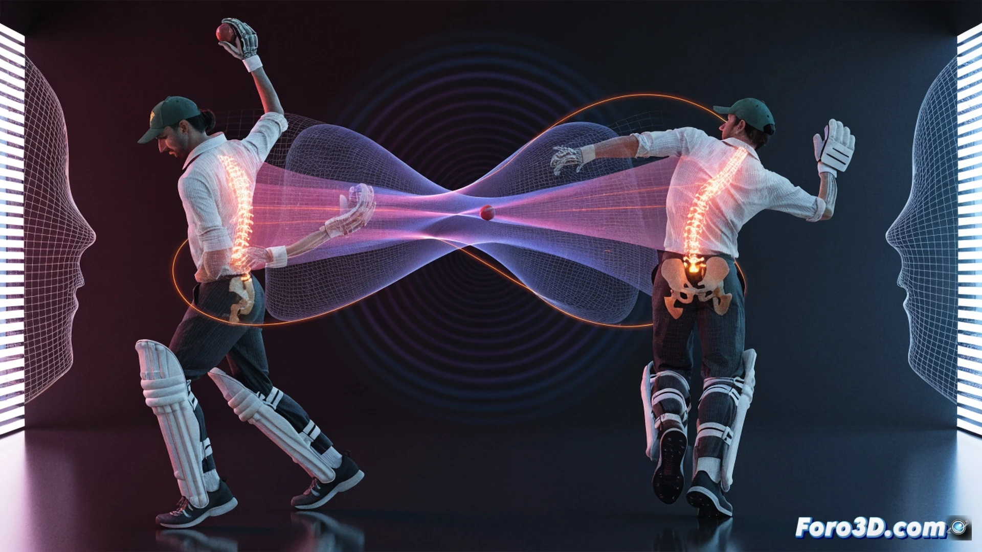 Cricket bowler Noor Ahmad mid-delivery with extreme wrist angle, spin ball leaving hand at unnatural trajectory, wrist bent at sharp angle during release, ball showing visible seam rotation with blur, fingers gripping seam tightly, biomechanical overlay lines tracking arm motion and wrist snap, 3D wireframe skeleton showing joint angles, glowing trajectory path curving mid-air, dark studio background with dramatic spotlight on arm and ball, photorealistic technical visualization, cinematic slow-motion effect, detailed muscle and tendon definition, engineering diagram style with motion arrows