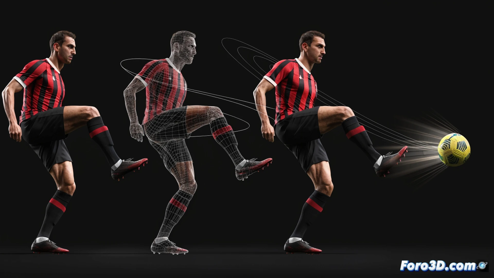 3D motion capture analysis of Hakan Calhanoglu executing a free kick, foot striking ball with precise ankle angle, ball deforming on impact, trajectory arc showing spin and dip, glowing lines tracing foot path and ball rotation, biomechanical markers on leg muscles, technical visualization with wireframe overlay, dark studio background, volumetric lighting highlighting knee torque and hip rotation, slow-motion effect, cinematic engineering style, ultra-detailed muscle fibers and shoe texture, photorealistic render with ghosted skeletal alignment