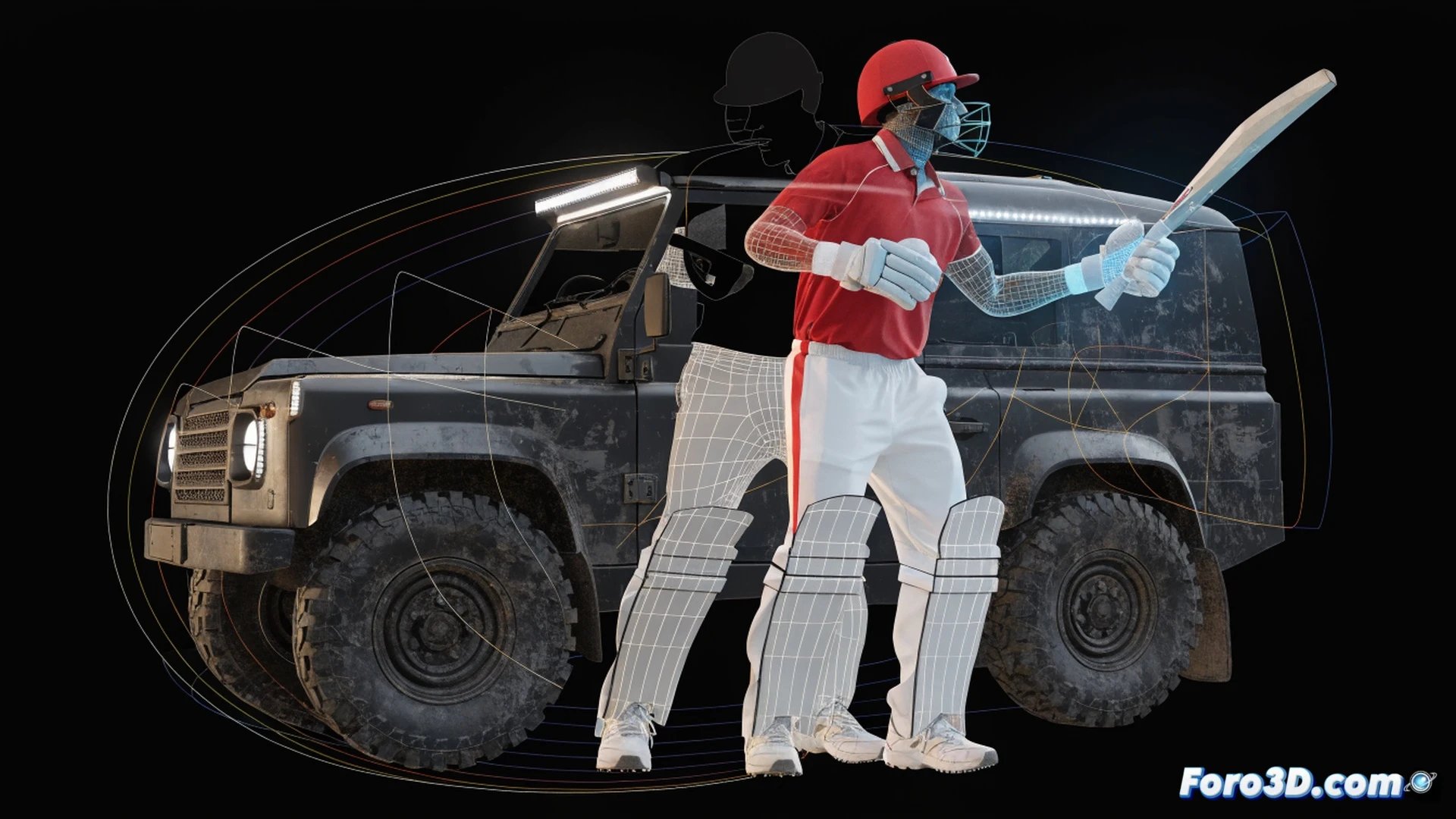 Azmatullah Omarzai mid-delivery stride in a cricket stadium, right arm high releasing a fast ball, biomechanical motion lines tracing shoulder rotation and hip drive, 3D bone and muscle overlay showing kinetic chain efficiency, dual role batting stance silhouette in background with swing path arcs, technical illustration style with wireframe mesh on player form, photorealistic skin and gear textures, dramatic floodlight shadows, dark green and orange Afghan team colors, ultra-detailed seam position on ball, motion blur on back foot