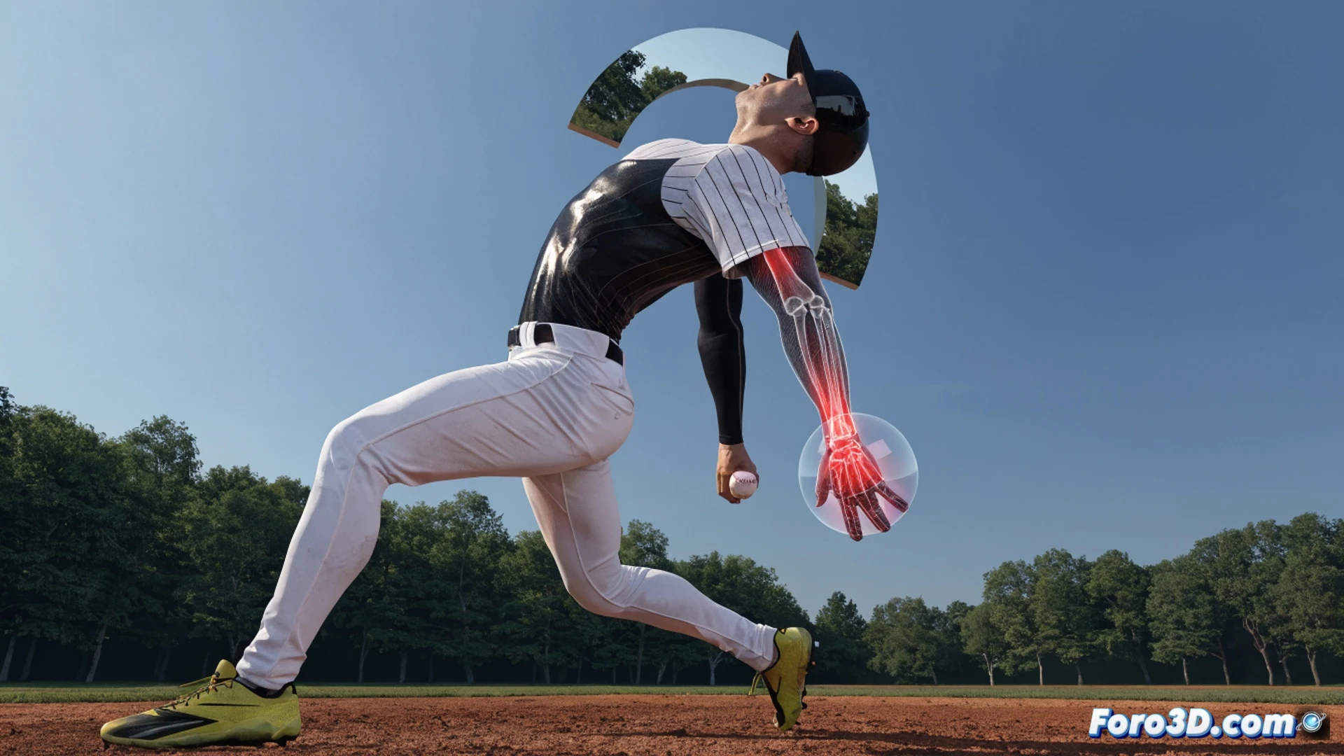 cricket batter Brandon King in dynamic batting stance, biomechanical motion capture data visualized as glowing skeletal overlay and joint angle markers, cricket bat angled at precise trajectory showing hidden power generation, motion sensor nodes attached to wrists and shoulders, green cricket field background with stumps, technical engineering visualization style, photorealistic render, dramatic low-angle lighting highlighting muscle tension and bat swing arc, wireframe grid lines tracing kinetic energy flow from footwork through torso to bat impact zone, ultra-detailed sports biomechanics scene