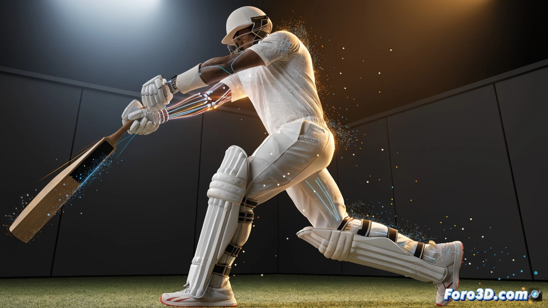 three-dimensional biomechanical analysis of a cricket batsman mid-swing, bat striking ball with explosive force, red cricket ball compressing against bat surface, motion lines tracing bat trajectory, skeletal overlay showing hip rotation and shoulder torque, muscle fiber activation highlighted in orange and blue, technical grid floor with angular velocity vectors, cinematic engineering visualization, dramatic stadium floodlights, photorealistic skin texture, sweat droplets frozen in motion, hyper-detailed sports biomechanics render, dark background with amber accent lighting