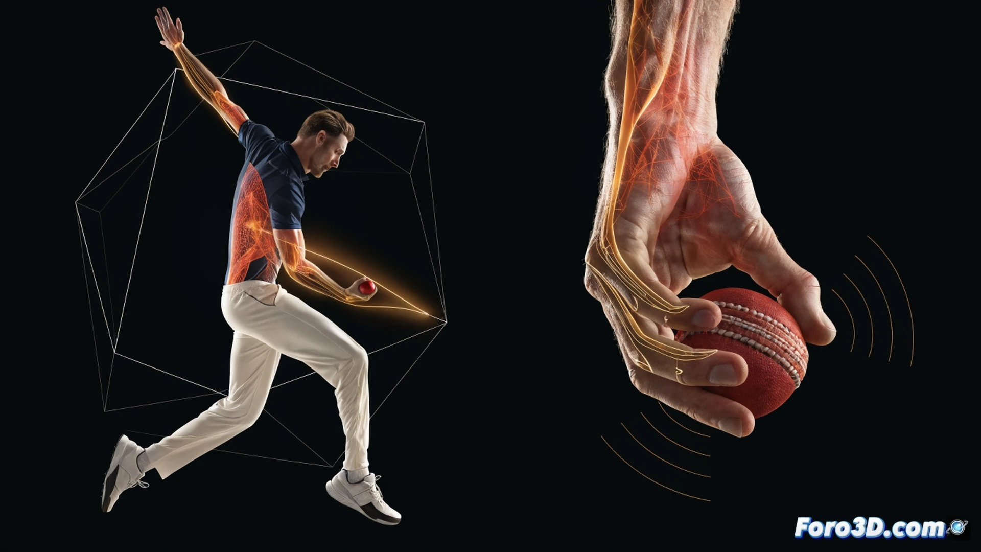 Mitchell Starc cricket bowling biomechanics in 3D motion capture, tall figure mid-delivery stride, high release point near top of arc, aggressive wrist snap generating seam movement, ball leaving hand at 150 km/h with pronounced downward angle, red cricket ball with visible seam rotation, trajectory lines showing sharp swing and yorker path to base of stumps, technical engineering visualization with wireframe skeleton overlay, joint angles and force vectors highlighted in glowing blue, photorealistic stadium background with motion blur, dramatic floodlight illumination, ultra-detailed muscle and tendon tension, cinematic sports science render