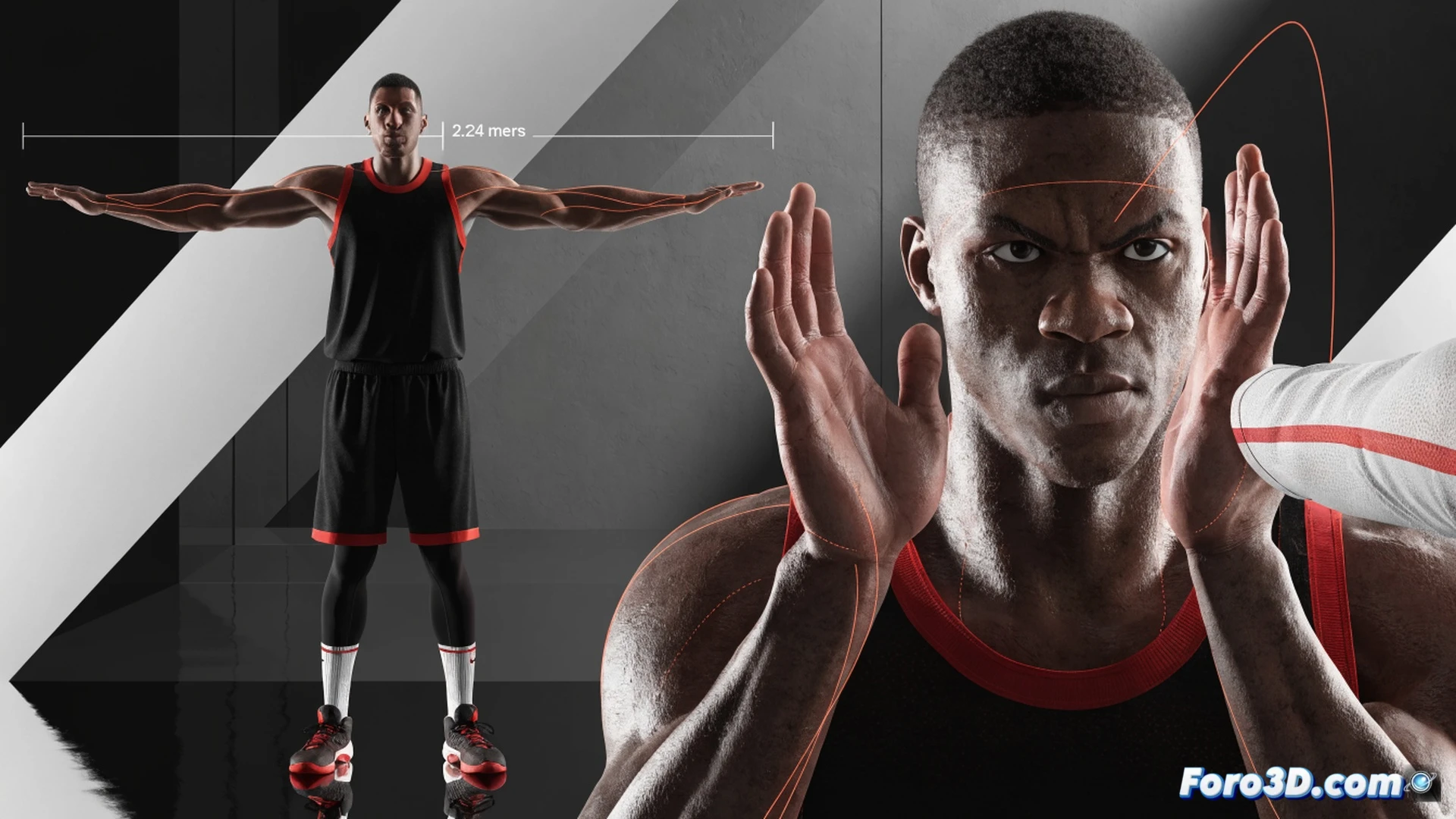 Clint Capela en acción defensiva bajo el aro, brazos extendidos mostrando su envergadura de 2.24 metros durante un bloqueo directo, cuerpo girado para anticipar el pase al roll man, pies plantados en la pintura mientras salta para proteger el aro, fondo de cancha de baloncesto con líneas de piso y aro metálico, iluminación dramática de estadio, estilo cinematic photorealistic, sombras marcadas, textura de sudor y músculo, cámara en ángulo bajo desde la línea de fondo, capturando el timing del salto y la lectura del pick-and-roll, sin texto ni números visibles