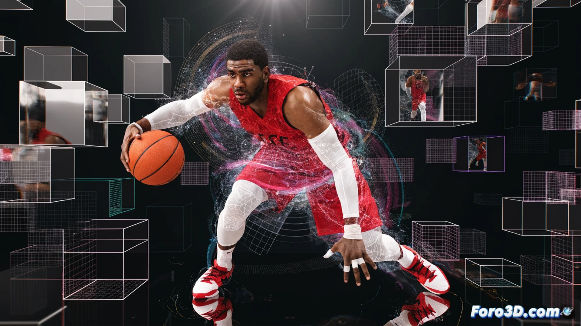basketball player mid-dribble with body contorted at impossible angle, basketball trailing neon blue motion vectors showing erratic zigzag path, defenders represented as wireframe collision boxes failing to intersect ball trajectory, floor showing kinematic data lines and force arrows, holographic joint angles overlaid on player limbs, cyberpunk sports arena background with grid wireframe floor, cinematic technical illustration style, photorealistic human figure, glowing cyan and magenta energy trails, dramatic low-angle spotlight, hyperdetailed sweat particles and shoe friction sparks, ball surface showing quantum probability wave patterns