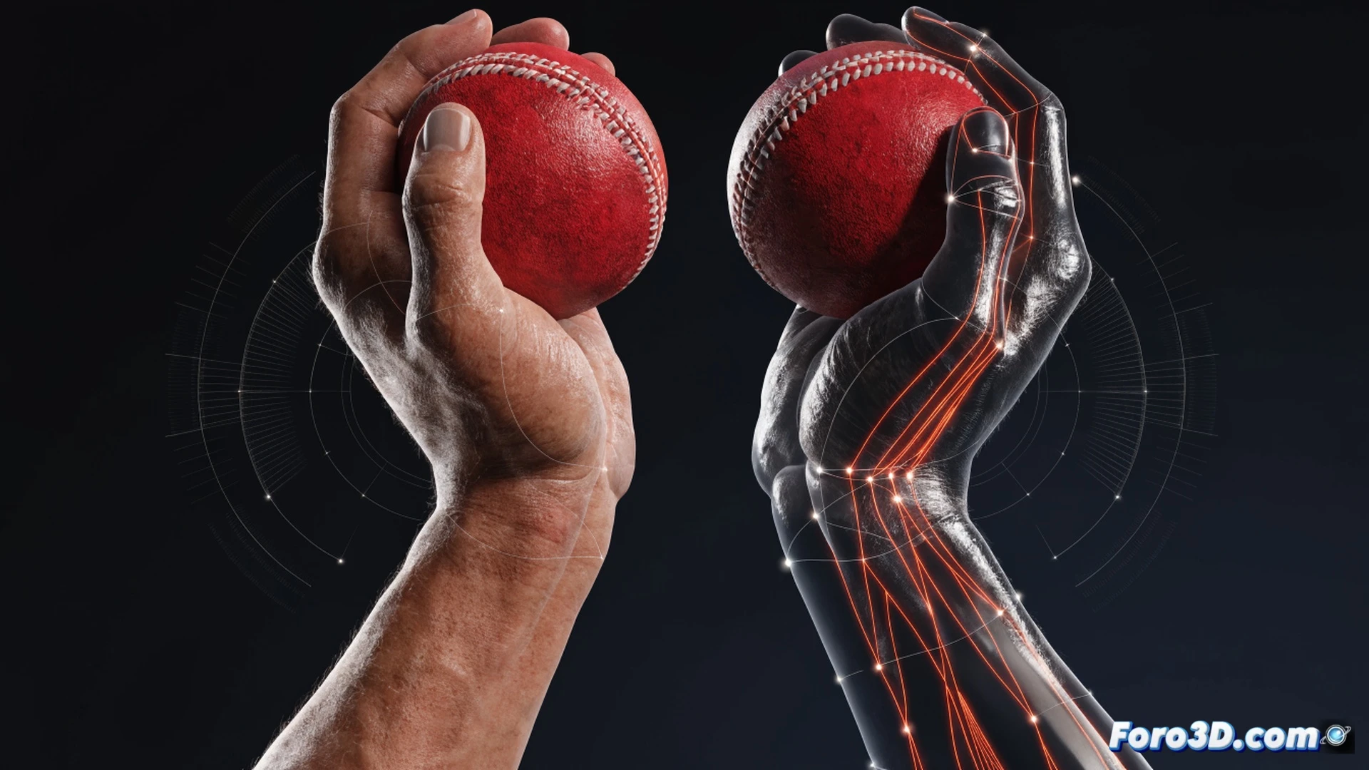 Biomechanical analysis of a left-arm spin bowler in mid-delivery, arm fully extended during release, wrist and fingers demonstrating specific rotational angles, 3D wireframe overlay mapping joint movement and torque lines from wrist to fingertips, glowing trajectory arc showing ball spin axis, motion blur on rotating ball, technical engineering visualization with translucent skeletal overlay, muscle fiber tension lines visible, photorealistic render, dramatic stadium lighting, dark background with blue and amber accent lights, ultra-detailed skin texture and joint anatomy, cinematic sports science illustration