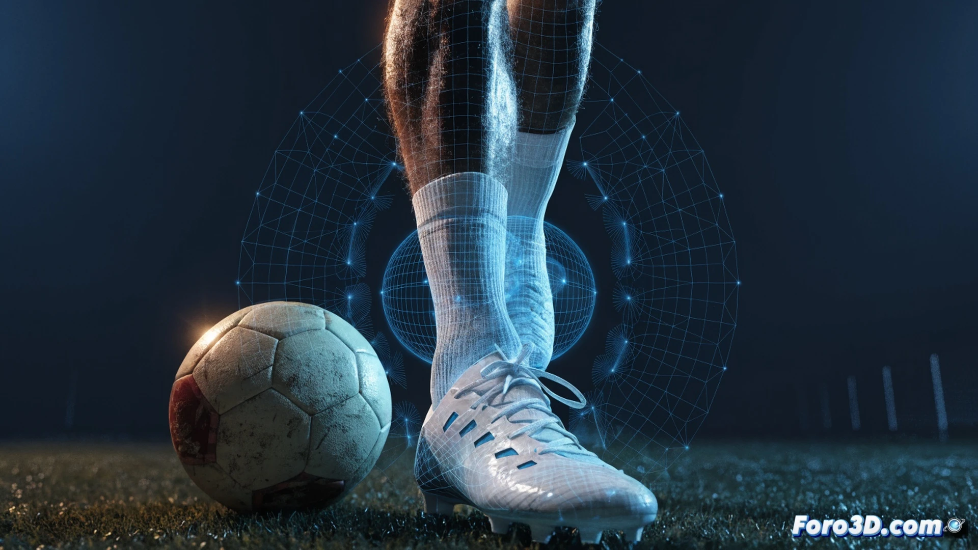 Riyad Mahrez en acción, pie izquierdo en pleno contacto con el balón, líneas de trayectoria curvas y vectores de fuerza biomecánica marcados con brillo, análisis 3D de movimiento articular, cadera rotada, tobillo flexionado, césped con textura realista, fondo oscuro con malla de datos técnicos, simulación de control de balón milimétrico, partículas de césped levantadas, estilo cinematic photorealism, iluminación dramática de estadio, render técnico ultra detallado
