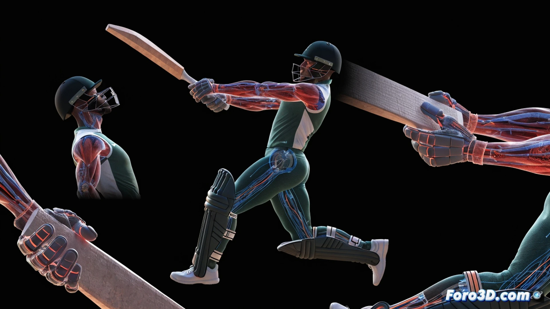 Nicholas Pooran mid-swing in a cricket net, 3D motion capture skeleton highlighting core rotation and wrist hinge, biomechanical force arrows tracing from planted front foot through torso to bat impact point, engineering visualization style, transparent muscle layers overlaid with joint angles and torque data, photorealistic human model, graphite grey background, dramatic side lighting emphasizing muscle tension and bat speed, ultra-detailed sweat droplets and bat grain, cinematic technical render