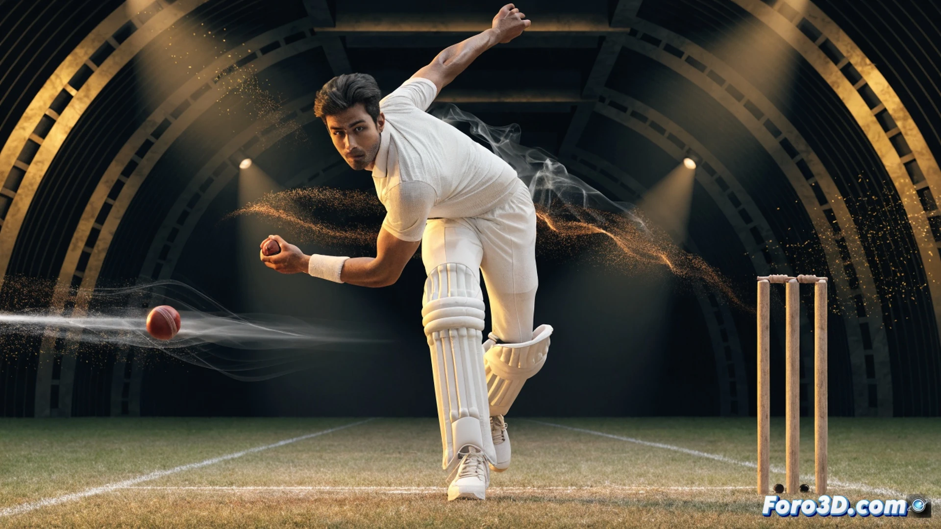 left-arm fast bowler in delivery stride, right arm following through, cricket ball leaving hand with visible seam rotation, 3D wireframe overlay highlighting wrist angle and shoulder rotation, biomechanical motion capture markers on joints, trajectory arc showing swing movement from pitch to batsman, yorker length zone highlighted on pitch with glowing impact point, technical illustration style, dark studio background with dramatic side lighting, skeletal and muscle layer ghosted beneath skin, motion blur on bowling arm, photorealistic sports science visualization