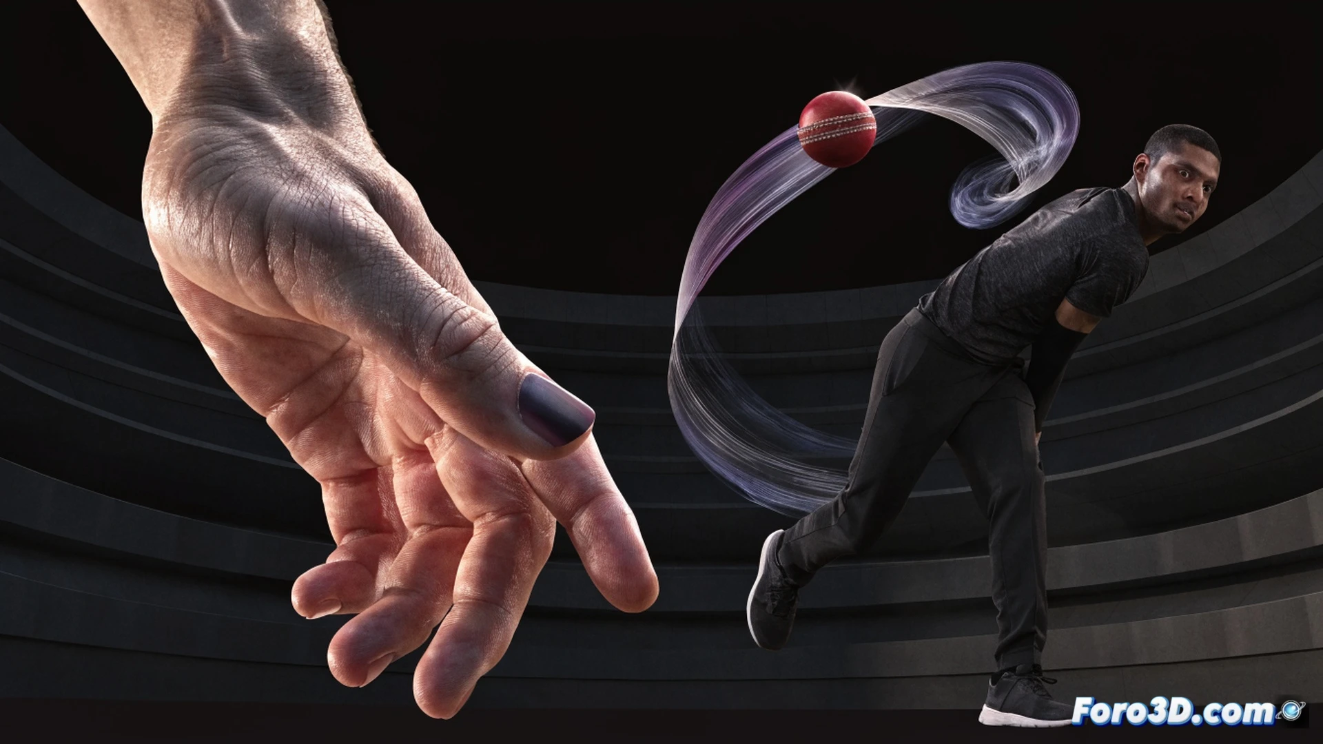 cricket bowler mid-delivery slingy action, wrist twisting at extreme angle releasing googly ball, biomechanical 3D wireframe overlay highlighting forearm rotation and wrist flexion, translucent skeletal model showing joint angles, red trajectory lines tracing ball spin axis, green force vectors from shoulder to fingertips, dark studio background with grid floor, dramatic side lighting, photorealistic technical illustration, high detail muscle definition under skin, motion blur on spinning ball, ultra-sharp focus on hand and ball release point