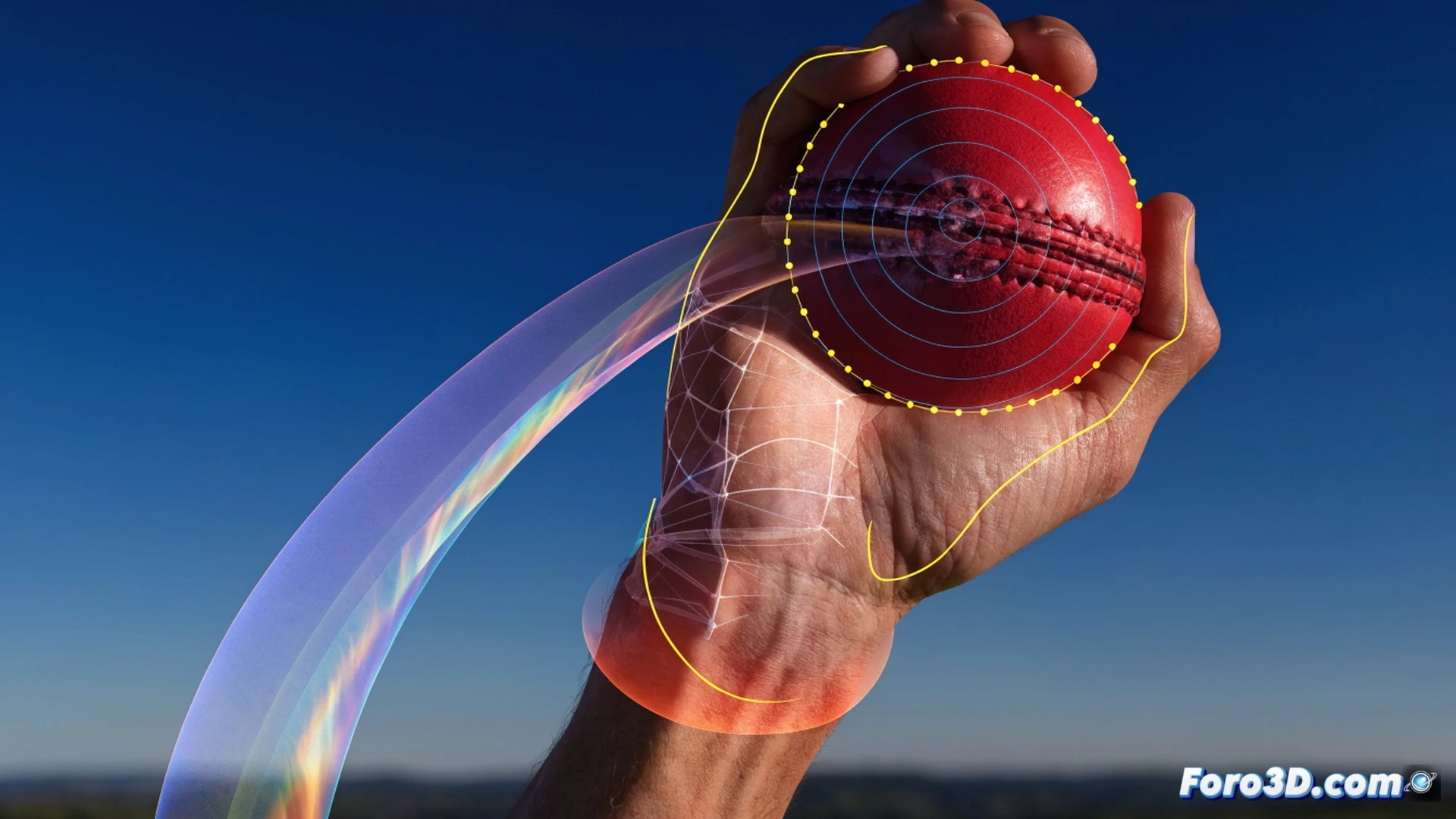 cricket bowler releasing a swinging delivery, close-up on right wrist angle and seam position, ball rotating mid-air with visible swing trajectory curved line, 3D wireframe overlay showing biomechanical joint angles and aerodynamic airflow around the ball, technical engineering visualization, photorealistic render, dark studio background with dramatic side lighting, sweat droplets on forearm, motion blur on ball, glowing red trajectory path, ultra-detailed muscle definition and seam texture, cinematic sports analysis style