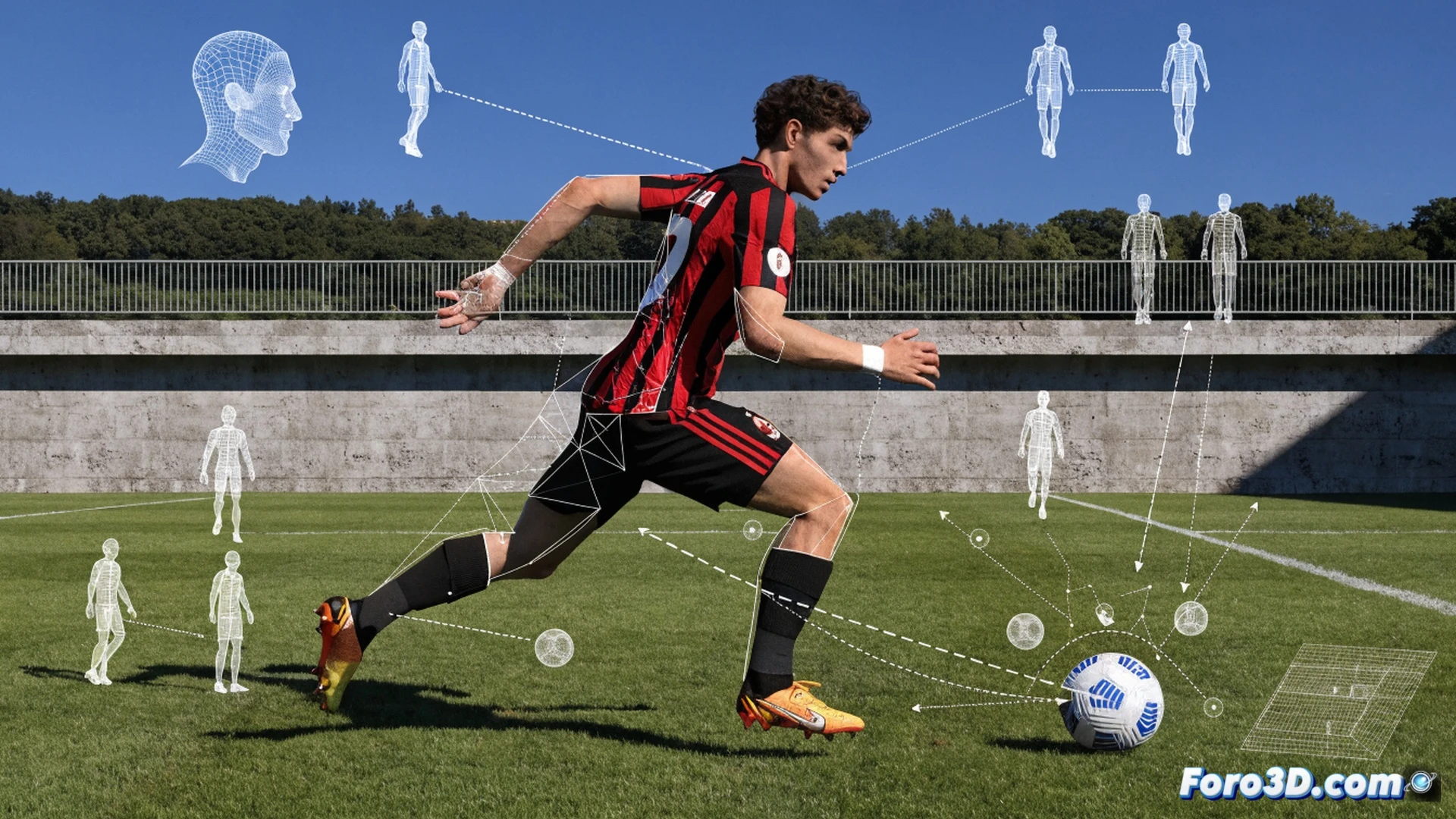 Sandro Tonali en posición de pivote durante una transición defensa-ataque, mostrando su lectura de juego mientras gira el cuerpo para recibir un pase, con líneas de movimiento y trayectorias de pase proyectadas en azul y naranja sobre un campo 3D, un visor táctico holográfico flotante con datos de posicionamiento y mapas de calor, fondo de estadio iluminado con focos, estilo cinematic photorealistic technical illustration, render ultra-detallado, iluminación dramática, profundidad de campo.