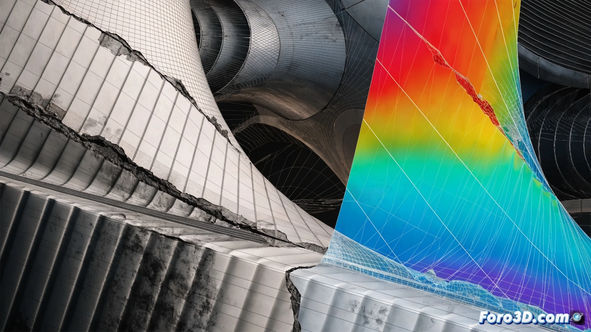 Aerogenerador en reparación, técnico sosteniendo cámara para fotogrametría mientras la cuchilla fracturada muestra delaminación epóxica expuesta, modelo 3D en pantalla de laptop con Agisoft Metashape, simulación FEA en Ansys mostrando tensiones en la zona del defecto, estilo cinematic engineering visualization, iluminación industrial fría, texturas realistas de fibra de carbono y resina, fondo de parque eólico al atardecer, ultra-detallado
