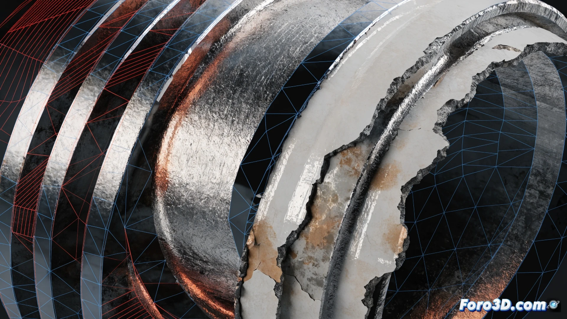 Metallurgical engineer inspecting a cracked turbofan exhaust diffuser with a borescope, ceramic coating delamination visible as peeling dark grey flakes near the trailing edge, Agisoft Metashape point cloud projection on a monitor showing 3D damage mapping, while Ansys FEA simulation runs on adjacent screen displaying red thermal stress contours spreading across the component, photorealistic engineering visualization, harsh workshop lighting with halogen reflections on metallic surfaces, precise mechanical detail, industrial inspection lab environment