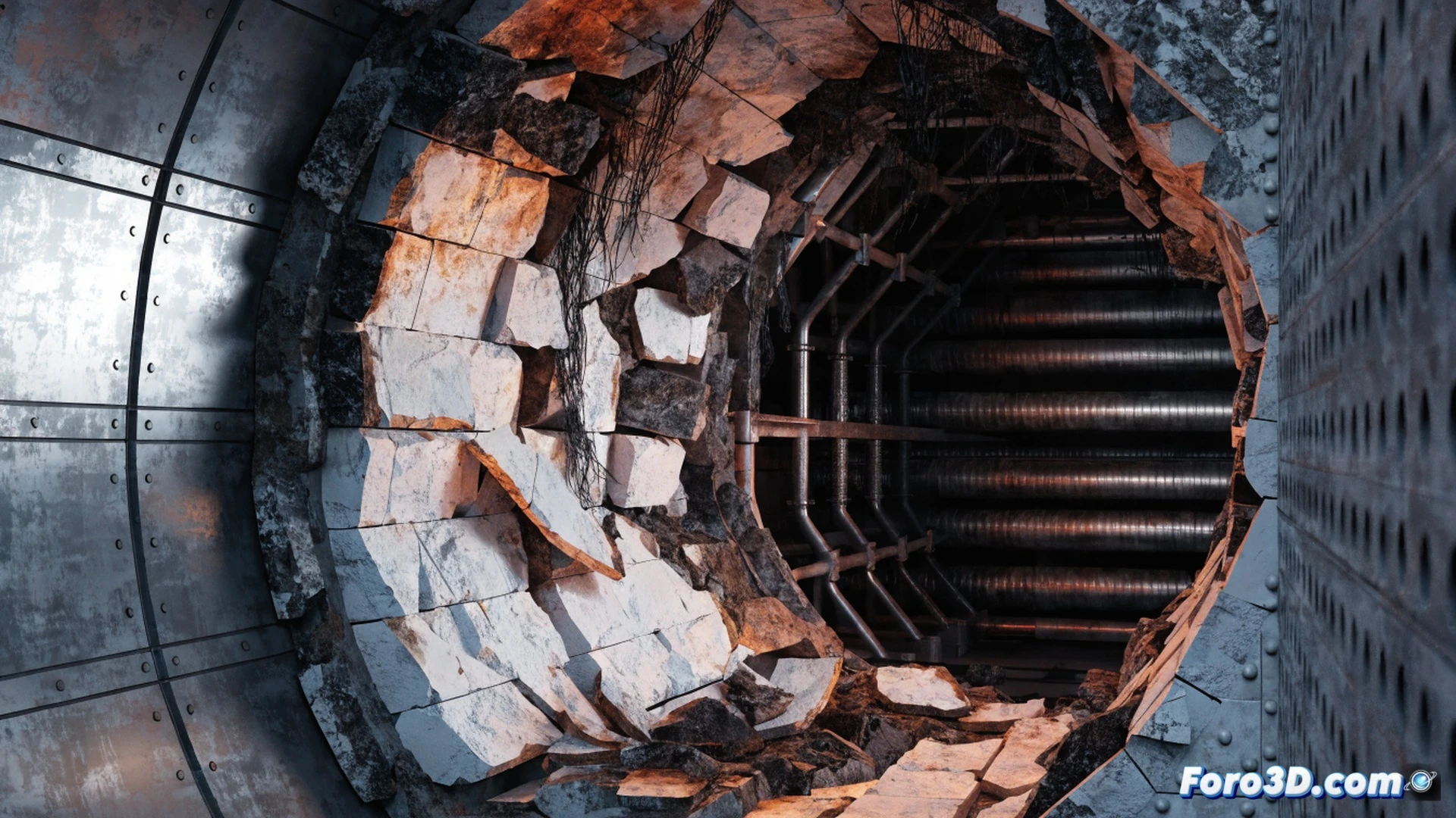 industrial furnace cutaway view during thermal stress failure, ceramic insulation layer peeling away from furnace wall, visible crack propagation through refractory lining, glowing molten metal inside furnace creating intense heat gradient, thermal expansion stress lines shown as glowing red and orange contours across the surface, 3D geometric capture with Pix4D point cloud visible as floating data points around the structure, Abaqus finite element simulation overlay showing stress concentration zones in blue-to-red spectrum, technical engineering visualization style, photorealistic render, dramatic high-contrast industrial lighting with hot core and cool exterior, detailed mechanical joints and anchor points, cinematic composition focusing on the detachment interface