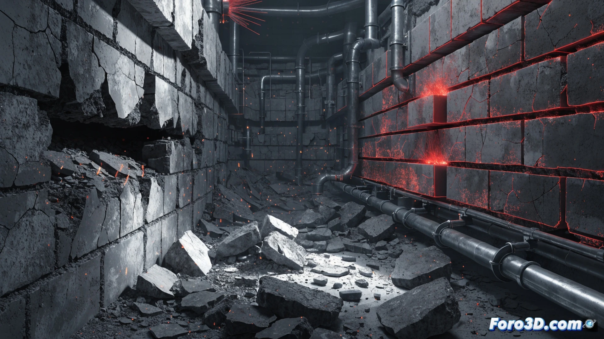 industrial incinerator furnace cross-section showing red-hot refractory bricks cracking during emergency shutdown, cold air jets entering through open dampers creating thermal shock waves, fractured brick fragments detaching from the inner wall, Abaqus simulation overlay with residual stress contours in orange and blue, Pix4D 3D point cloud model visible as semi-transparent mesh surrounding the furnace, photorealistic engineering visualization, dramatic high-contrast lighting, glowing embers on cracked surfaces, ultra-detailed ceramic material texture, cinematic technical render