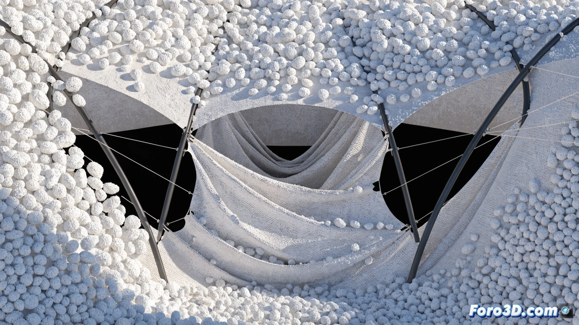 technical illustration of a stadium tensile fabric roof collapsing under asymmetric hail accumulation, fabric tearing at anchor points while 3D modeling software interface overlays show stress distribution heatmaps, engineers analyzing load failure on multiple monitors, hailstones sliding off one side creating unbalanced tension, cinematic engineering visualization, dramatic storm lighting through translucent membrane, structural cables snapping with visible fraying, photorealistic architectural render, ultra-detailed fabric weave texture, dynamic debris particles in motion