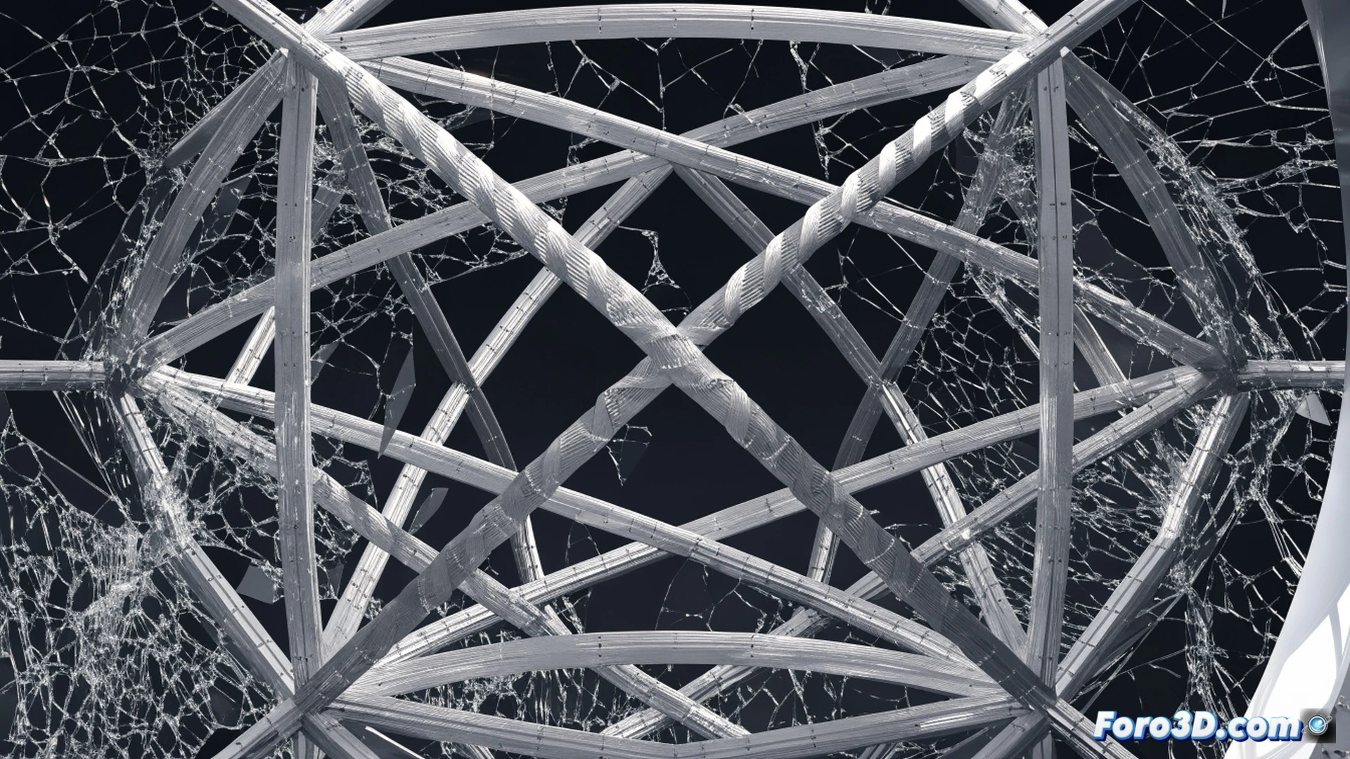 photorealistic engineering visualization of a glass dome collapse sequence, aluminum frame profiles twisting under asymmetric wind load, shattered glass fragments exploding outward in mid-air, structural failure at bolted joints during sudden lateral gust, 3D pipeline reconstruction shown with photogrammetry point cloud overlay and finite element mesh lines glowing on deformed metal surfaces, broken glass shards suspended in motion, cinematic dramatic lighting with dark storm clouds overhead, ultra-detailed metallic torsion fractures, technical illustration style with cross-section view of twisted aluminum strut, debris scattering in curved trajectories matching wind flow patterns