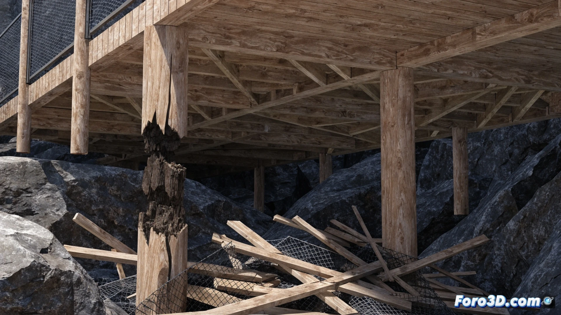 Collapsed wooden footbridge at support joint, exposed internal rot cavity hidden beneath intact surface, FARO 3D laser scanner positioned mid-span capturing point cloud data, engineer inspecting fractured beam cross-section with crack gauge, SAP2000 structural model displayed on rugged laptop showing shear failure zones in red, splintered wood fibers and decayed core visible, forensic engineering scene, photorealistic technical visualization, dramatic lighting emphasizing hidden decay contrast, ultra-detailed timber grain and scanner components, cinematic action of inspection process