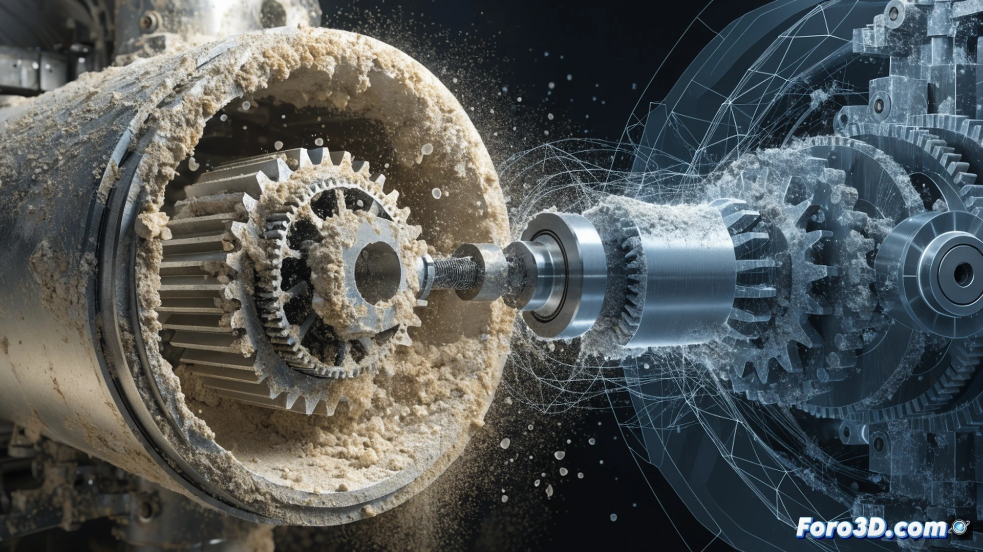Cross-section of a planetary gearbox actuator jammed with refractory particles, a technician inspecting the damaged reduction gears under bright industrial light, calcination dust particles entering the gear housing through a gap, simulation software interface showing torque failure spikes in the background, photorealistic engineering visualization, metallic gear teeth with embedded ceramic debris, gritty texture on lubricant surfaces, dramatic side lighting emphasizing mechanical wear, ultra-detailed macro view of the jammed planetary mechanism, realistic industrial scene with safety gloves and inspection tools visible