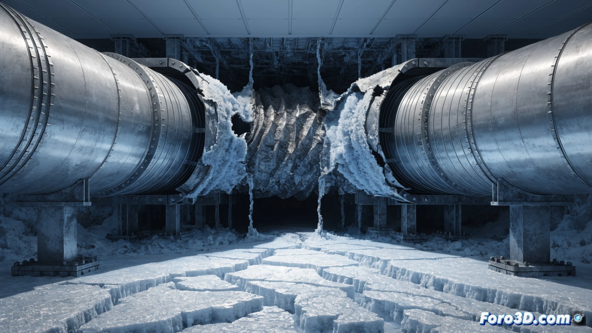cryogenic pipeline failure analysis scene, ground cross-section showing frozen soil layers shifting downward while metal expansion joint deforms plastically under thermal contraction, pipeline surface with visible frost and stress cracks, surveyor using laser scanner to measure ground displacement, laptop displaying real-time thermal and strain data graphs, engineering visualization style, cold blue-gray lighting, frost particles floating in air, cracked concrete anchor block, metallic pipe with ice crystals forming, photorealistic technical illustration, dramatic industrial atmosphere