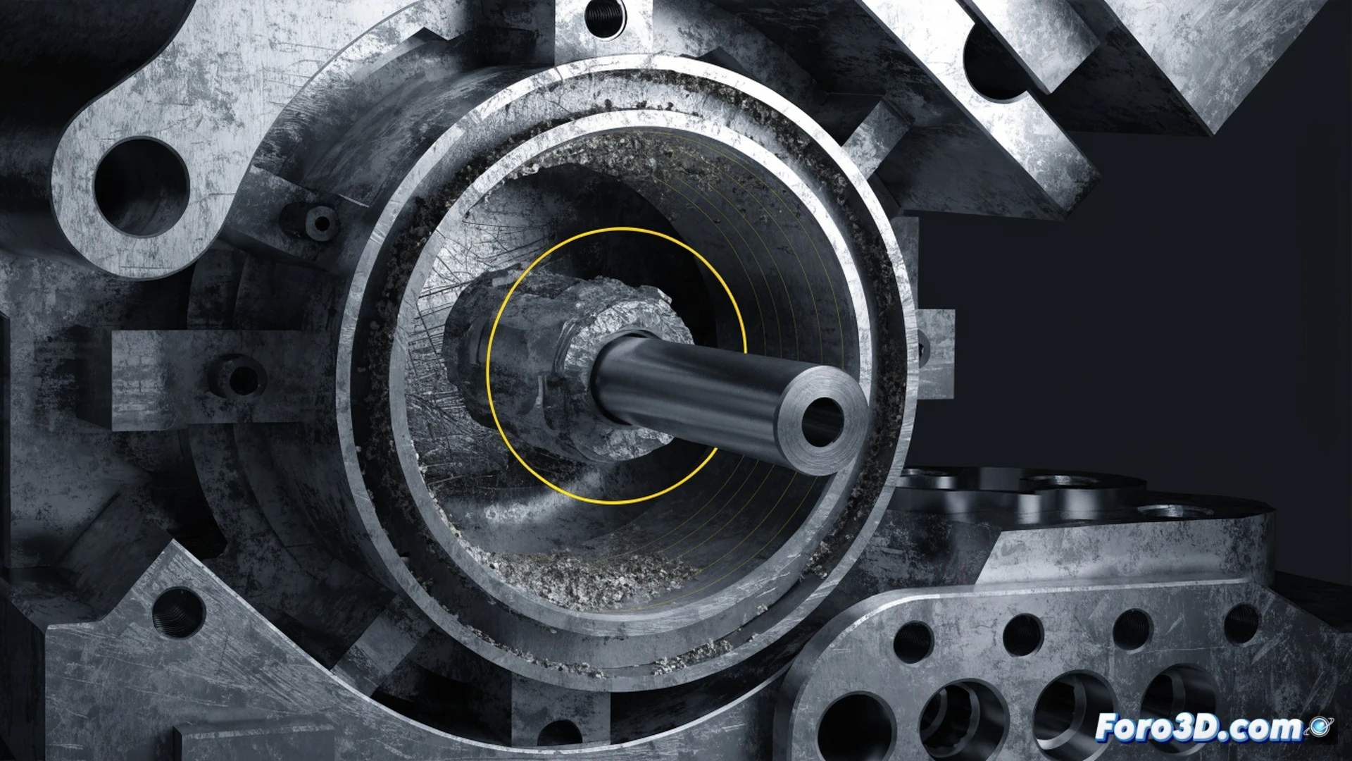 Industrial pump cross-section view, abrasive wear failure analysis scene, eccentric drive shaft causing severe contact on pump casing inner wall, metal particles being eroded and ejected from sealing gap, PolyWorks 3D point cloud scanning process shown as floating blue dots around damaged geometry, Autodesk Fusion digital twin reconstruction displayed on transparent holographic overlay, metallic orange-brown wear marks on rotor and stator surfaces, broken seal ring fragments scattering inside chamber, technical engineering visualization style, cinematic lighting with sharp shadows and rim highlights on metallic surfaces, ultra-detailed mechanical components, photorealistic industrial render