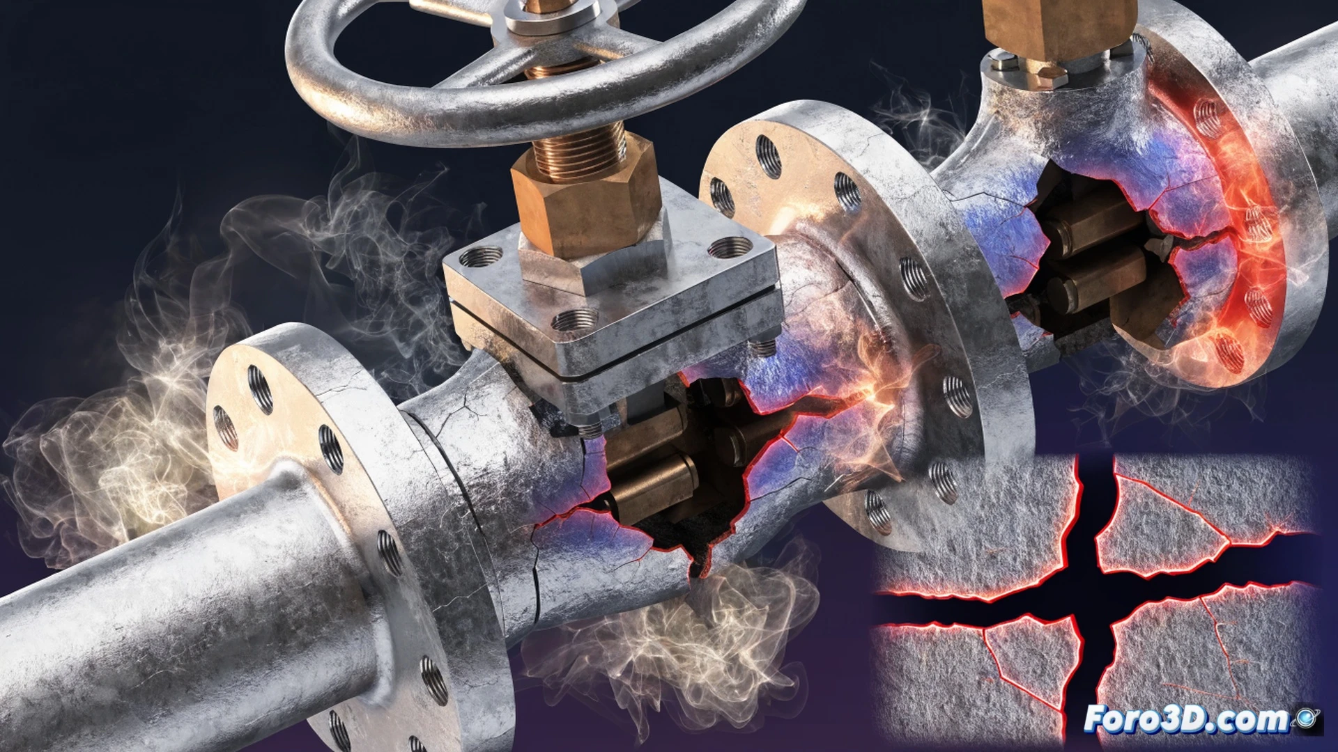 photorealistic engineering visualization of hydrogen gas cracking in a pressure relief valve during hydrogen station operation, cross-section view of steel valve body showing microscopic hydrogen molecules dissociating and diffusing into grain boundaries, crack propagation lines spreading through the metal structure, SolidWorks simulation interface visible as wireframe overlay on one side, Blender 3D modeling tools floating nearby, glowing hydrogen atoms penetrating the valve seat, orange and blue thermal gradients indicating stress zones, fractured metallic surface with jagged edges, technical illustration style, dramatic dark industrial lighting, ultra-detailed mechanical components, cinematic depth of field