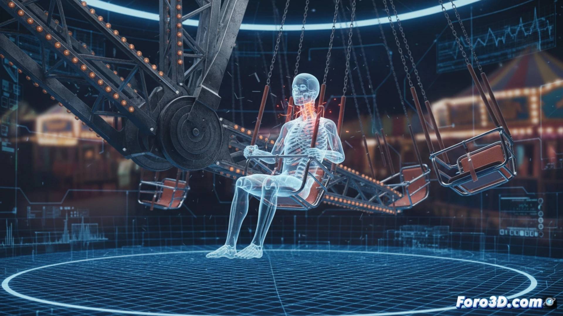 Simulación 3D de sacudida cervical en atracción de feria, análisis forense de colisión y biomecánica