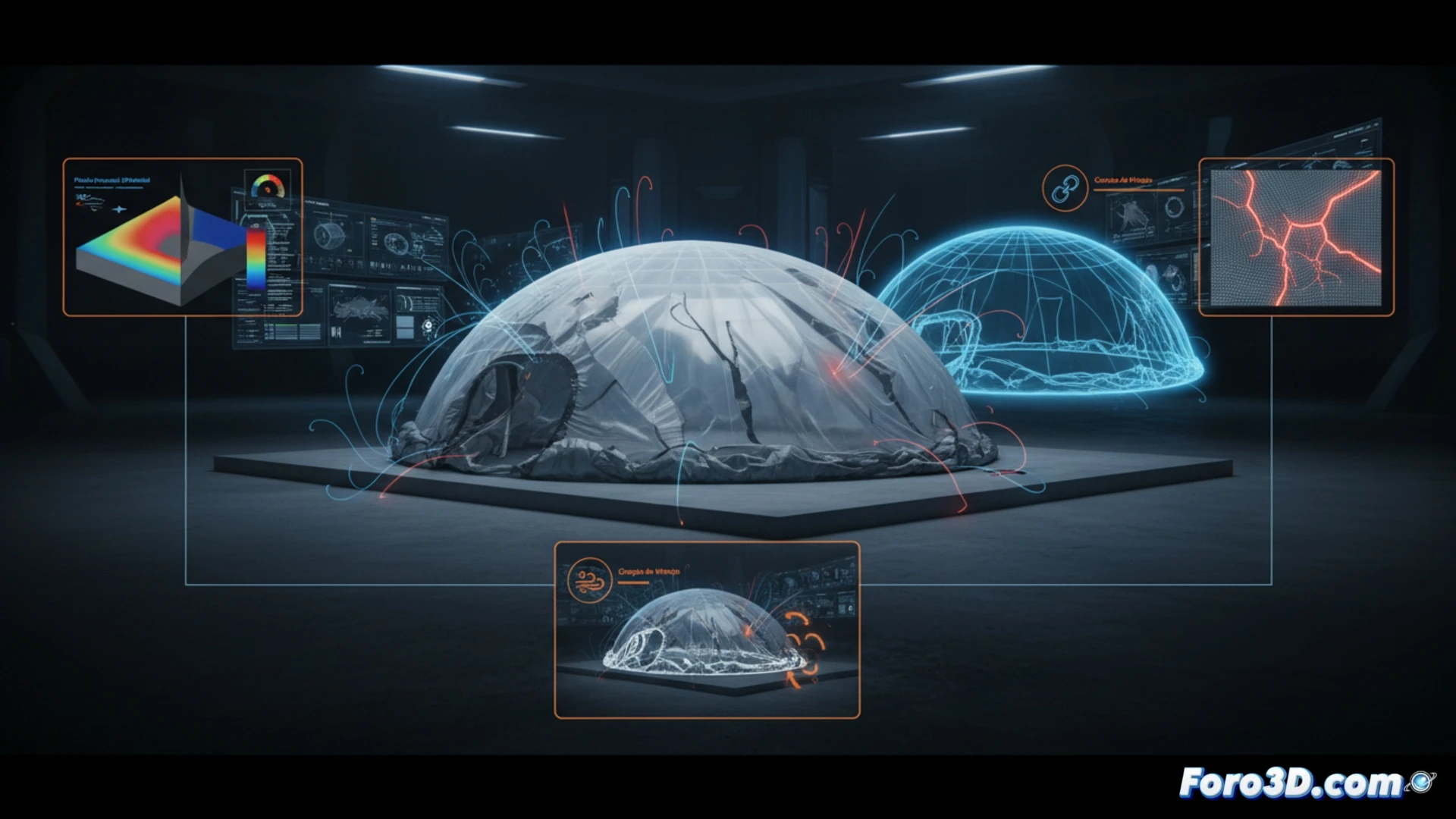 [Estructura hinchable colapsada en simulación 3D, con deformación textil y pérdida de presión visible en render técnico]