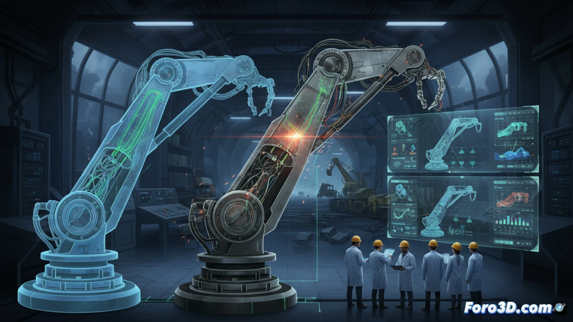 Robot minero con brazo articulado roto en operación de extracción subterránea, análisis de fatiga de materiales