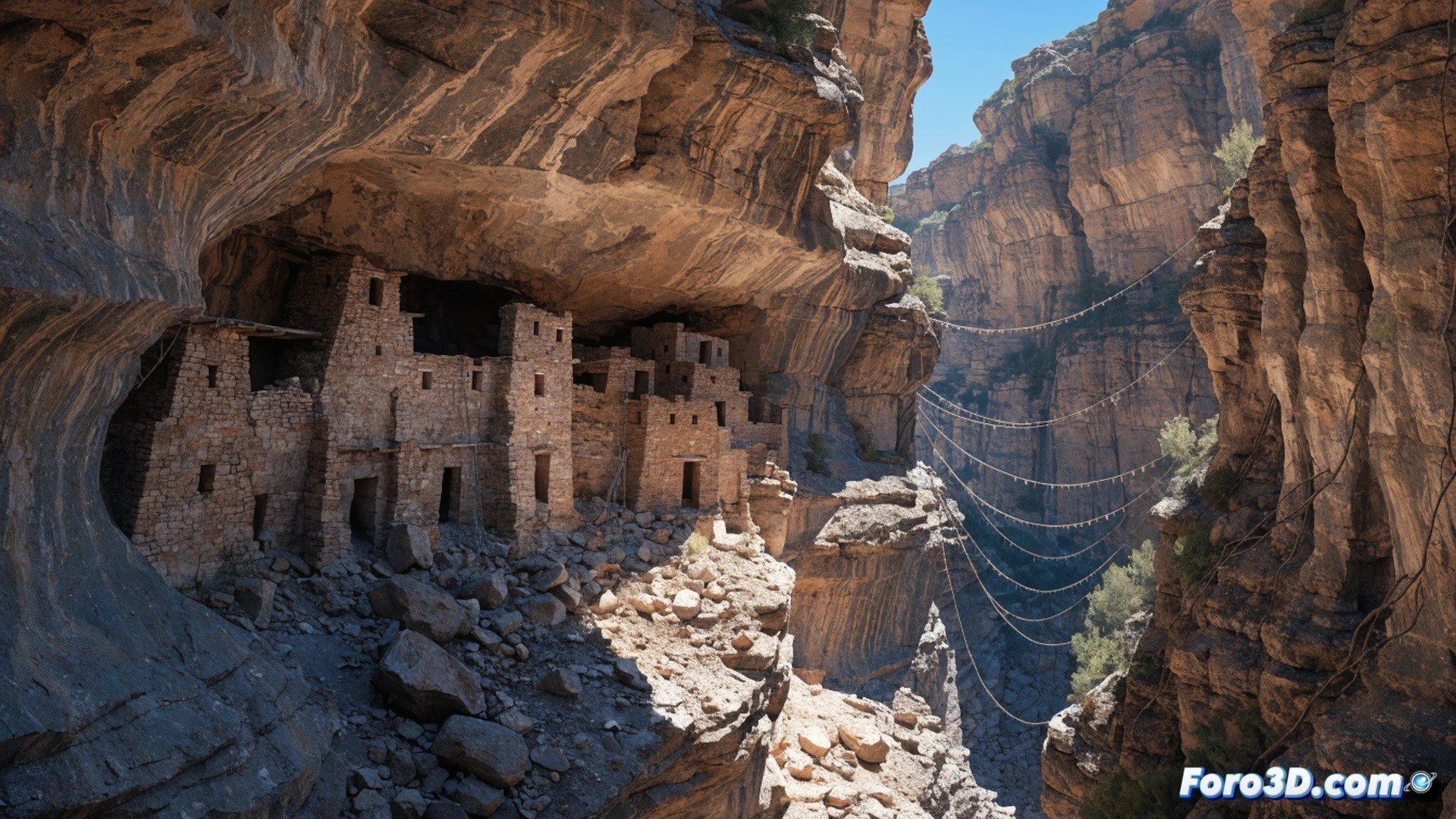 Adobe cliff dwellings embedded in vertical canyon walls, Anasazi people lowering ceramic pots and maize baskets using braided ropes from a ledge, sandstone textures and deep shadows under harsh desert sun, archaeologists examining petroglyphs and broken pottery shards at the base, one researcher holding a handheld ground-penetrating radar scanner near a collapsed kiva, another documenting with a rugged tablet showing 3D site mapping software, technical illustration style, photorealistic rock surfaces, cinematic wide-angle composition, golden hour lighting emphasizing erosion patterns, no visible text or modern structures beyond tools, ultra-detailed archaeological visualization
