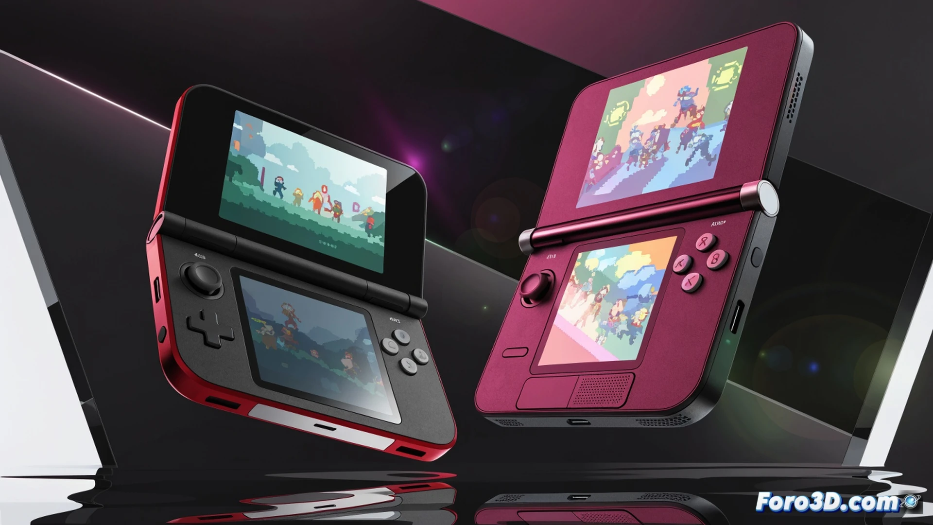 Two handheld gaming consoles with dual screens stacked vertically, one opened at a 90-degree angle like a mini laptop, the other lying flat like a clamshell, a technician’s hand inserting a USB-C cable into the side port, battery cell exposed next to the device showing larger capacity label, retro game cartridge partially inserted into the top slot, screen displaying pixel-art gameplay with enhanced color vibrancy, polished plastic shells in matte black and translucent blue, engineering visualization style, sharp edge lighting highlighting hinge mechanism and button layout, photorealistic technical render, clean studio lighting, no text or labels visible