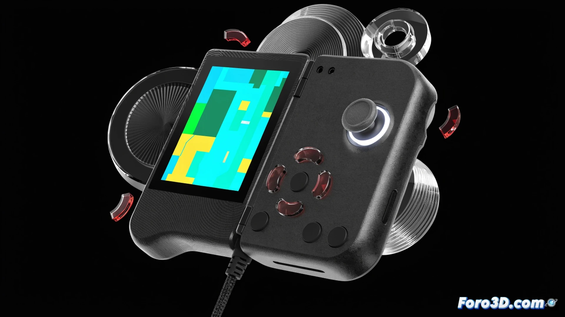 compact handheld gaming console held by two hands, magnetic controllers being detached from the main unit with a smooth sliding motion, internal magnets visible as metallic contact points, one joystick centered on the right side, retro game cartridge partially inserted at the top, screen displaying a pixel-art action scene mid-jump, engineering visualization style, cold metallic blue casing, bright studio lighting highlighting magnetic connector grooves, dust particles floating around the detachment process, photorealistic technical render, sharp focus on magnetic mechanism and joystick base