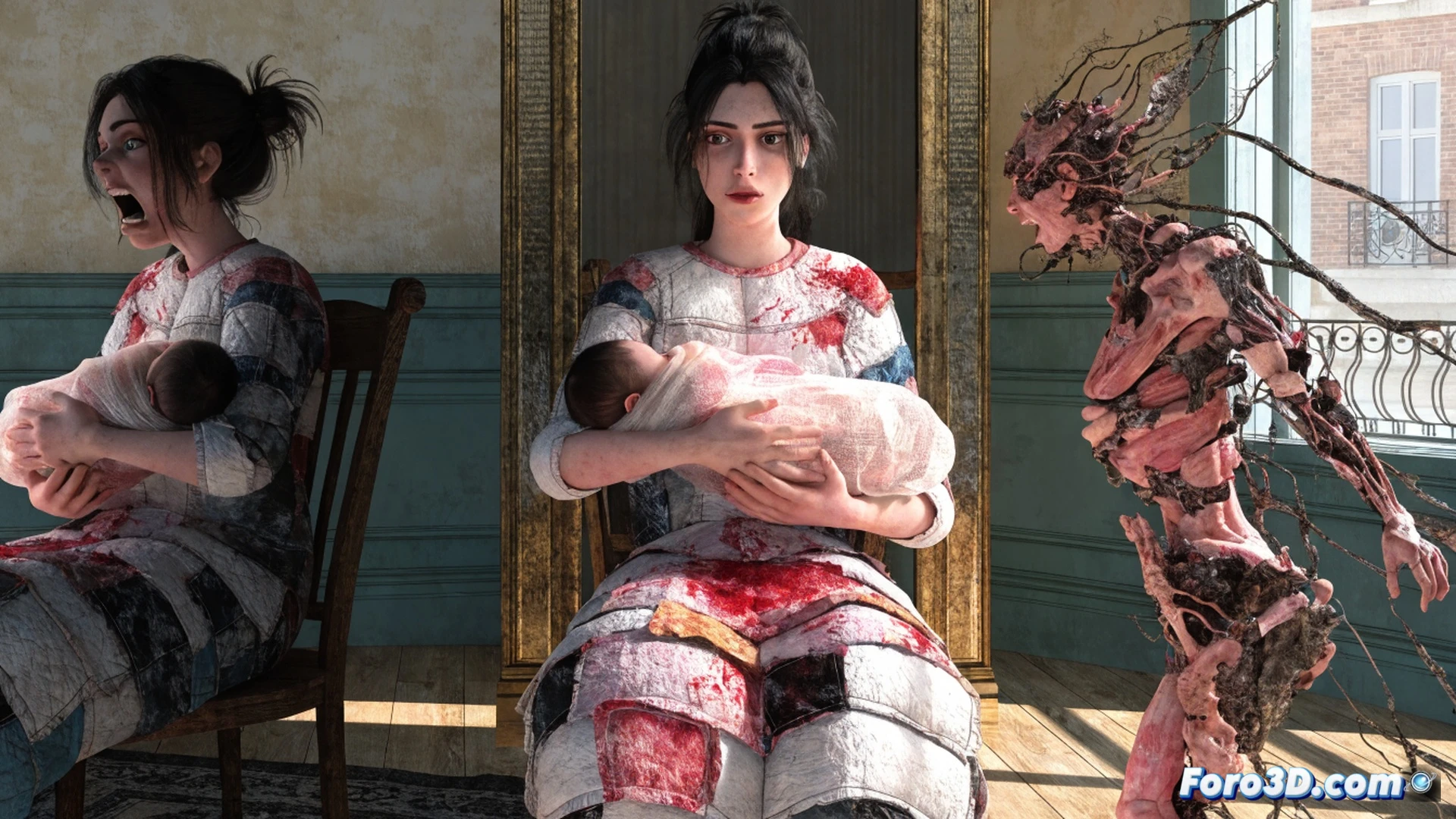 animated mother figure in mid-motion, holding a child while colorful tangled threads wrap around her arms and torso, symbolizing societal expectations, fragmented digital brushstrokes and layered transparent textures, abstract shapes emerging from her silhouette, cinematic animation visualization, warm and cold contrasting lighting, soft focus on her face while hands show strain, surreal emotional atmosphere, technical reference to animation rigging and keyframe breakdown, detailed particle effects around the threads, photorealistic character render with painterly overlays