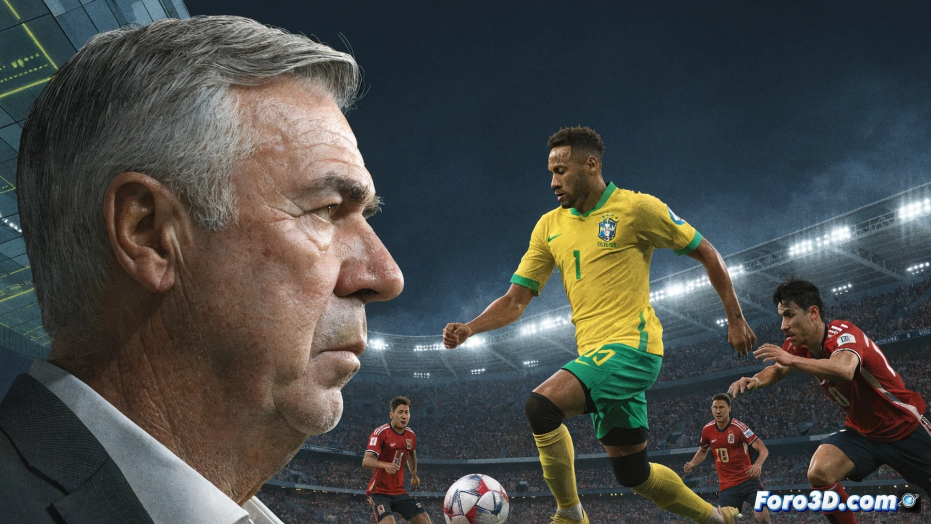 Brazilian national football team tactical formation during World Cup match against Japan, Neymar in motion dribbling past Japanese defender, stadium floodlights casting dramatic shadows, Ancelotti watching from sidelines with tactical tablet, medical staff monitoring fitness status near bench, intense crowd reaction in background, cinematic sports photography style, shallow depth of field, sweat droplets visible, green grass texture, blue and yellow jerseys contrasting with white and blue, ultra-detailed facial expressions, dynamic action pose, photorealistic sports visualization