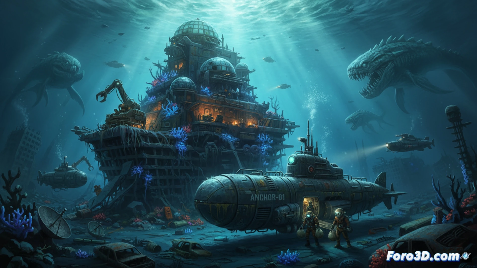 abandoned underwater nuclear bunker exterior, rusted metal hull with glowing algae, player character in diving suit using a plasma cutter on a jammed airlock door, bioluminescent sea creatures circling nearby, floating debris and broken pipes, cinematic photorealistic underwater render, dramatic light rays from surface filtering through murky water, bubbles rising, tension visible in character posture, highly detailed environment with coral overgrowth on technical structures, realistic water caustics and particle effects