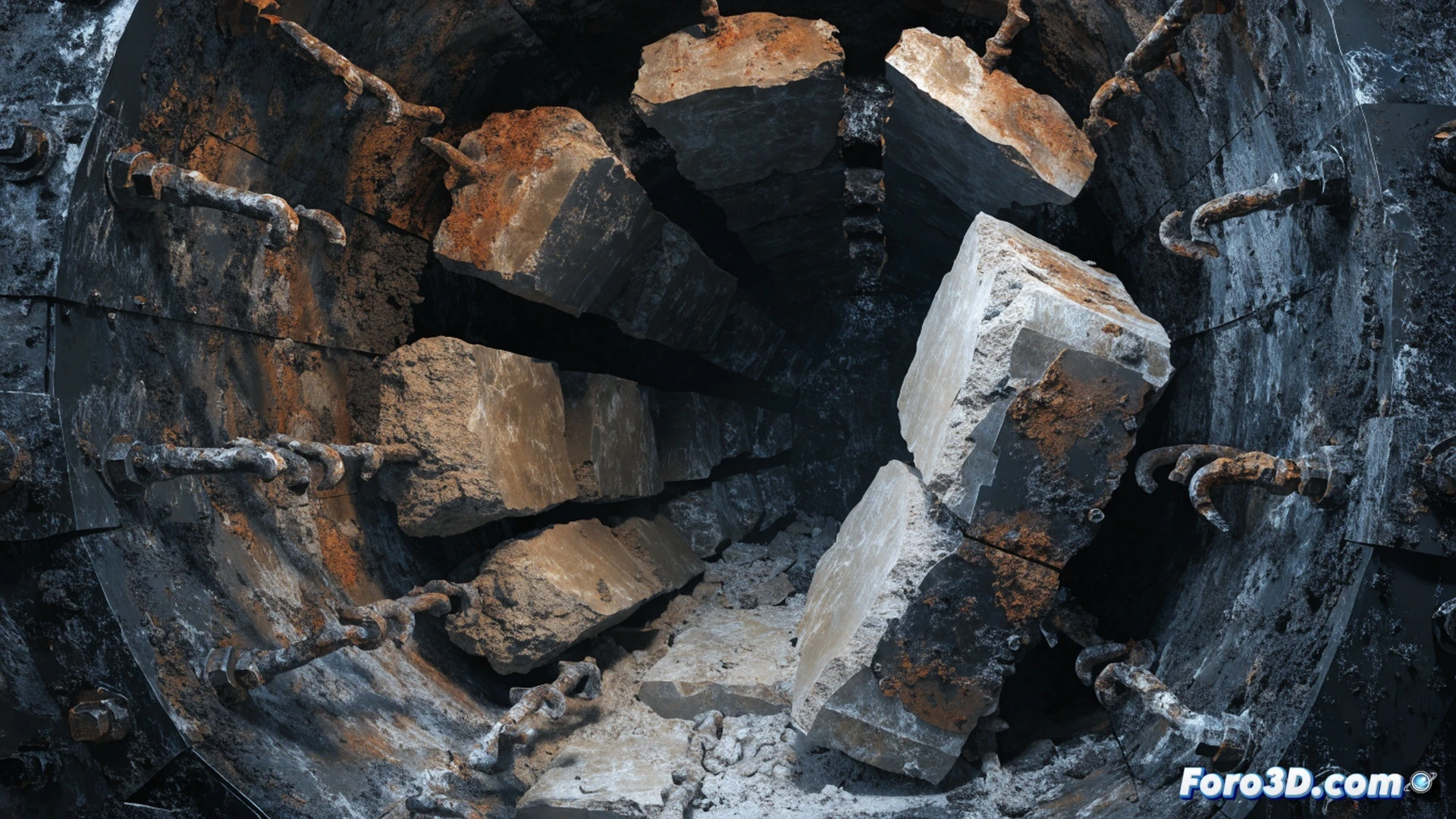 cinematic engineering visualization of a cement kiln interior, refractory modules detaching from corroded steel anchors, glowing orange heat radiating through exposed gaps, molten slag dripping onto loose bricks, thermal corrosion patterns spreading across anchor points, structural stress cracks propagating through the lining, Abaqus simulation overlay showing displacement vectors, Pix4D drone scan data projected as wireframe grid, dramatic industrial lighting, photorealistic technical illustration, ultra-detailed metallic surfaces, smoke and heat haze