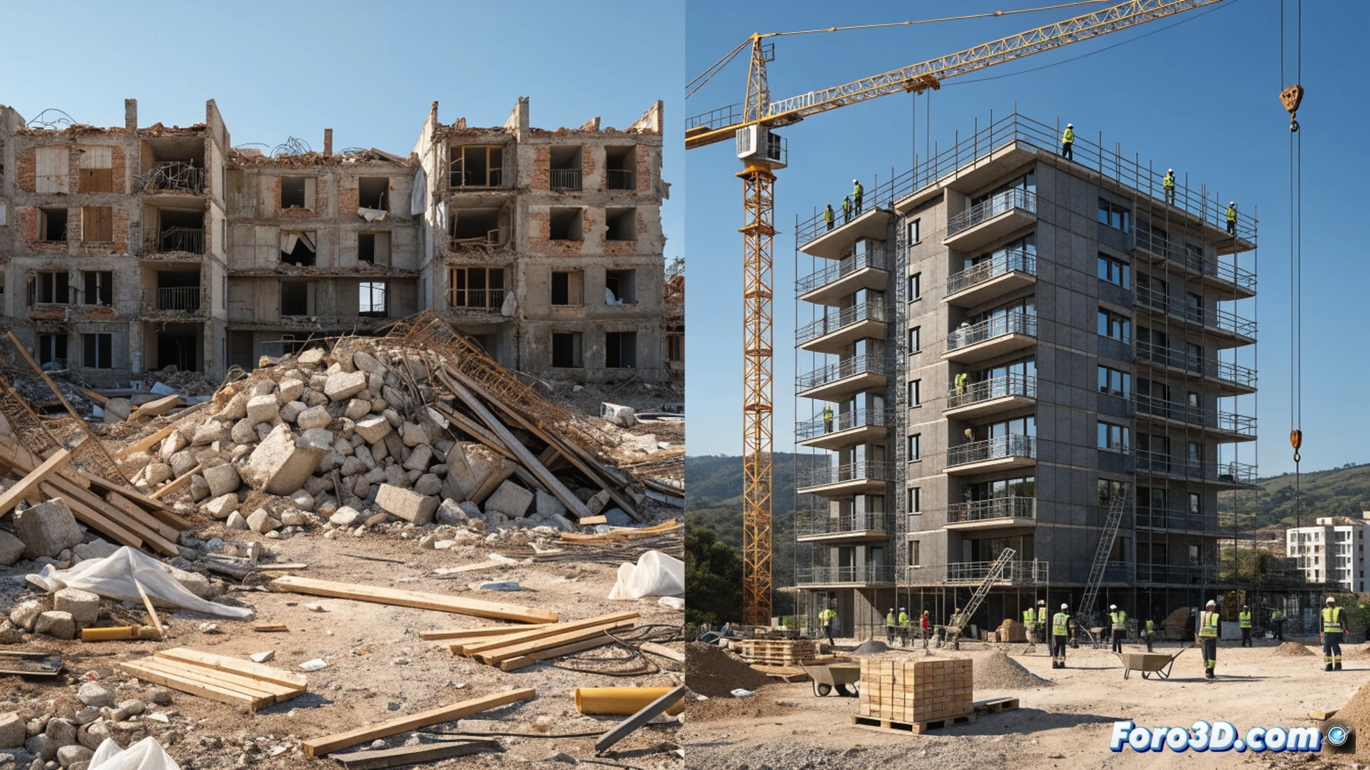 Abandoned construction site in Andalusia, rusted crane towering over a single unfinished concrete foundation, construction workers idle near stacked bricks and dusty cement mixers, a lone hard hat on a barrel, dry cracked earth stretching to distant empty housing plots, cinematic photorealistic render, harsh afternoon sunlight casting long shadows, faded orange construction netting flapping in hot wind, desolate industrial atmosphere, technical architectural visualization