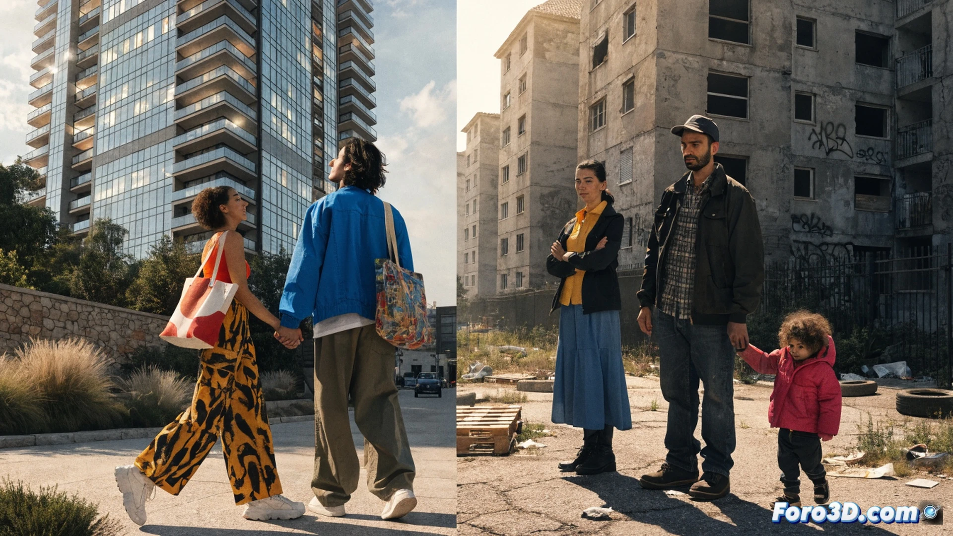Andalusian residential skyline at sunset, construction crane lifting a oversized golden coin towards a luxury tower while a young family is pushed backward by a wave of red price tags, cracked concrete public housing blocks collapsing in background, real estate agents shaking hands over a glowing contract, technical illustration style, photorealistic architectural render, dramatic chiaroscuro lighting, dust particles suspended in air, distressed urban texture, wide-angle cinematic composition, showing speculative market cycle collapse